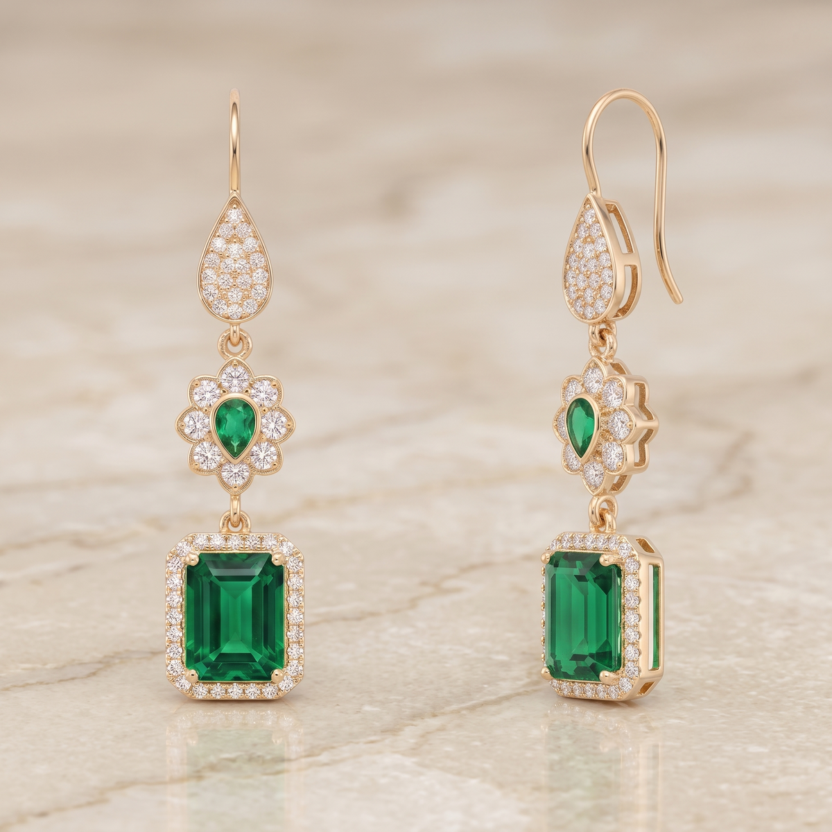 Emerald Cut Trio Drop Earrings