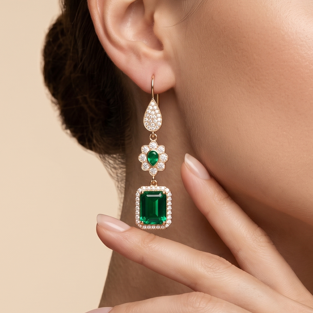 Emerald Cut Trio Drop Earrings