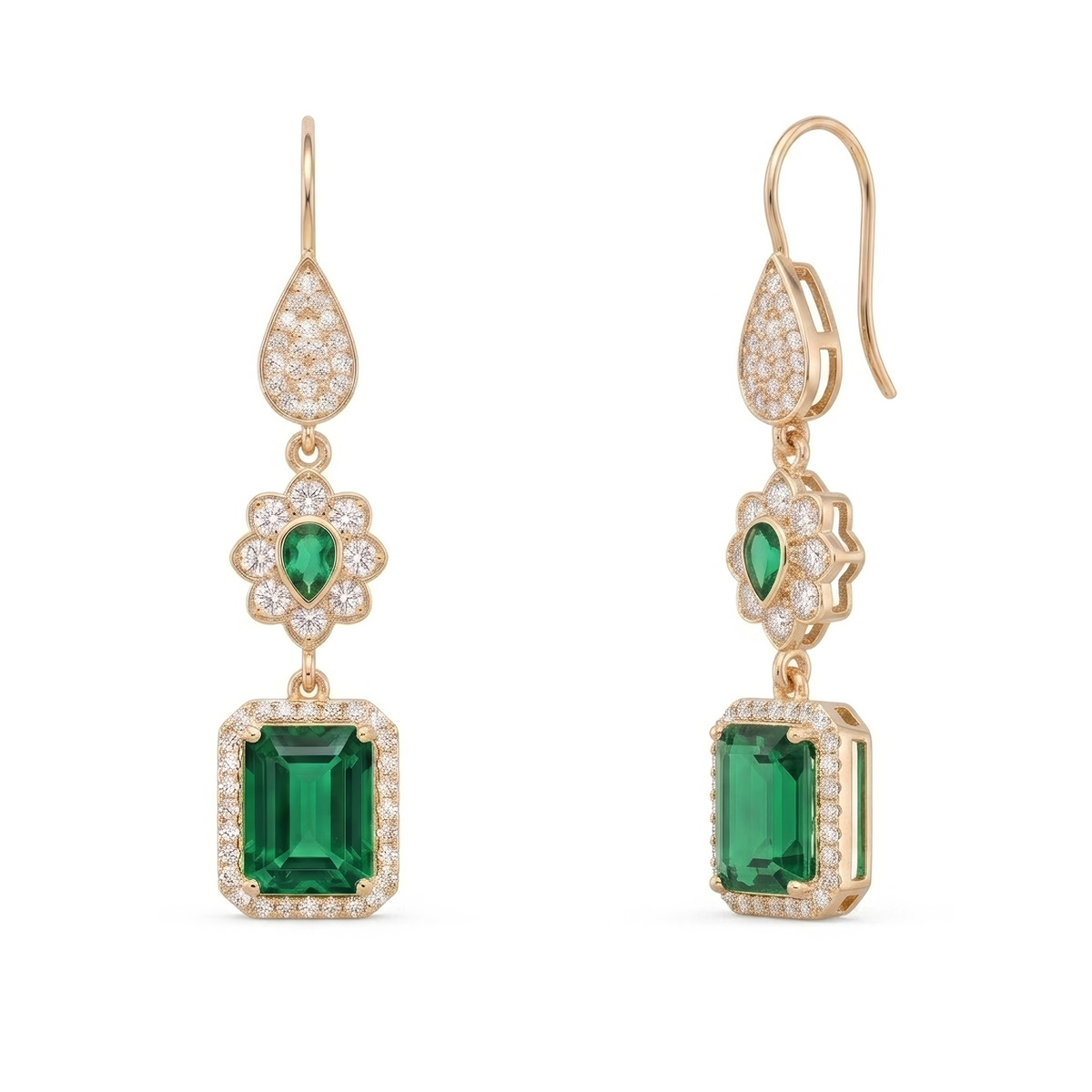 Emerald Cut Trio Drop Earrings