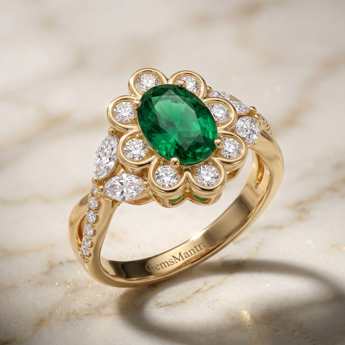 Emerald Daisy Ring in Gold Finish