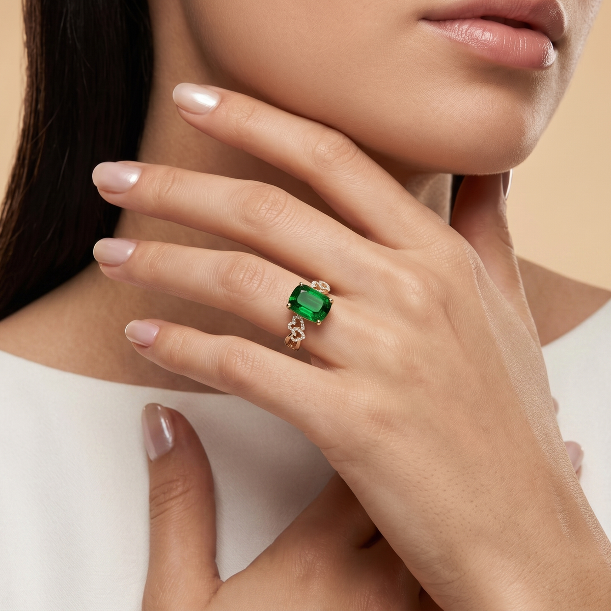 Emerald Elegance Cushion-Cut Ring in Gold Finish