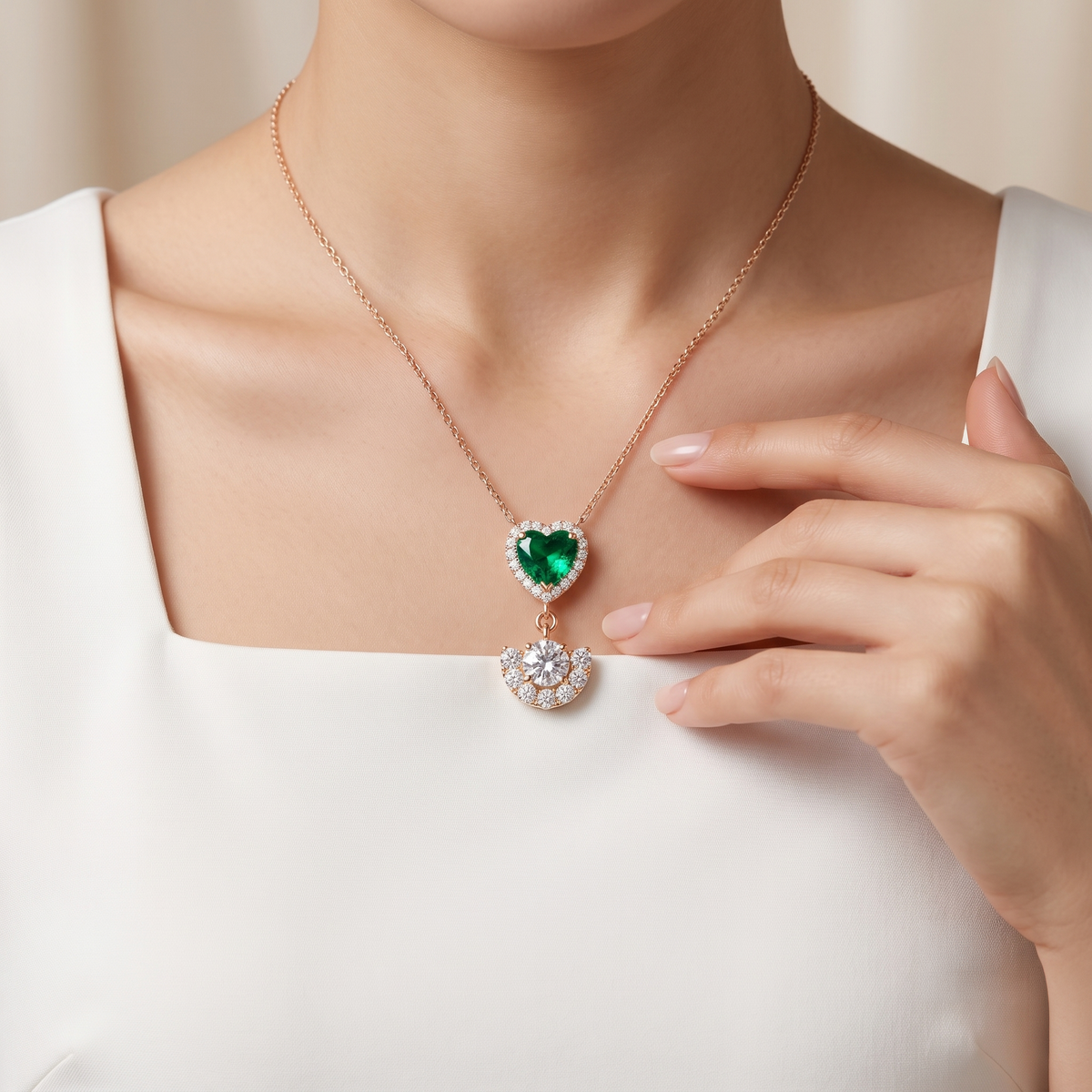 Emerald Heart Halo Crescent Pendant