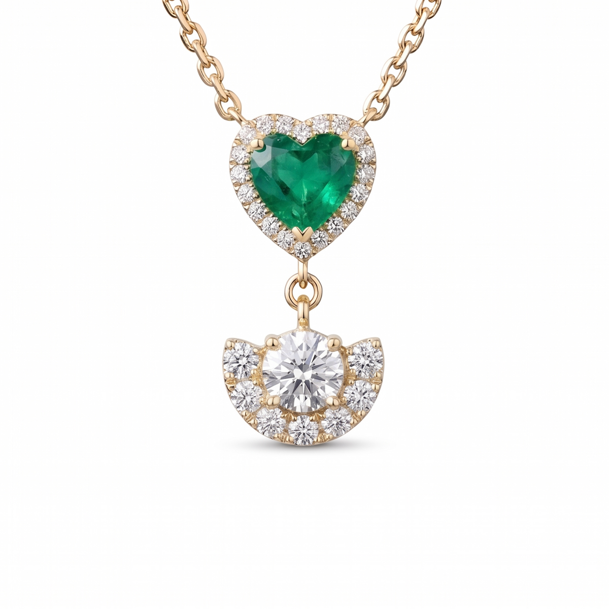 Emerald Heart Halo Crescent Pendant