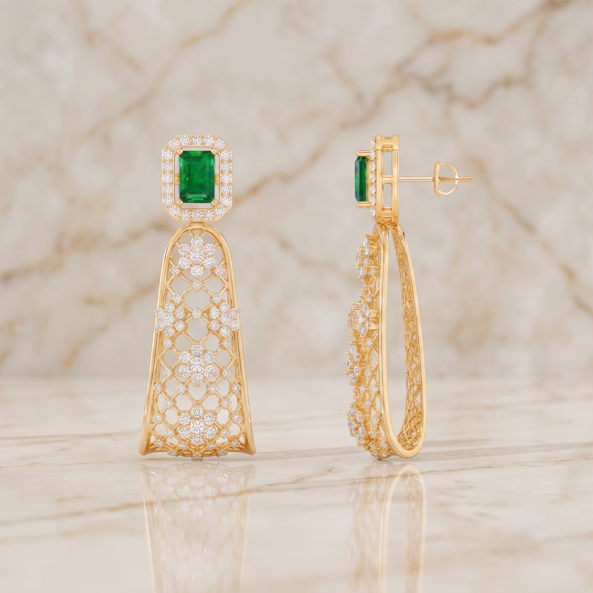 Emerald Lattice Fan Drop Earrings