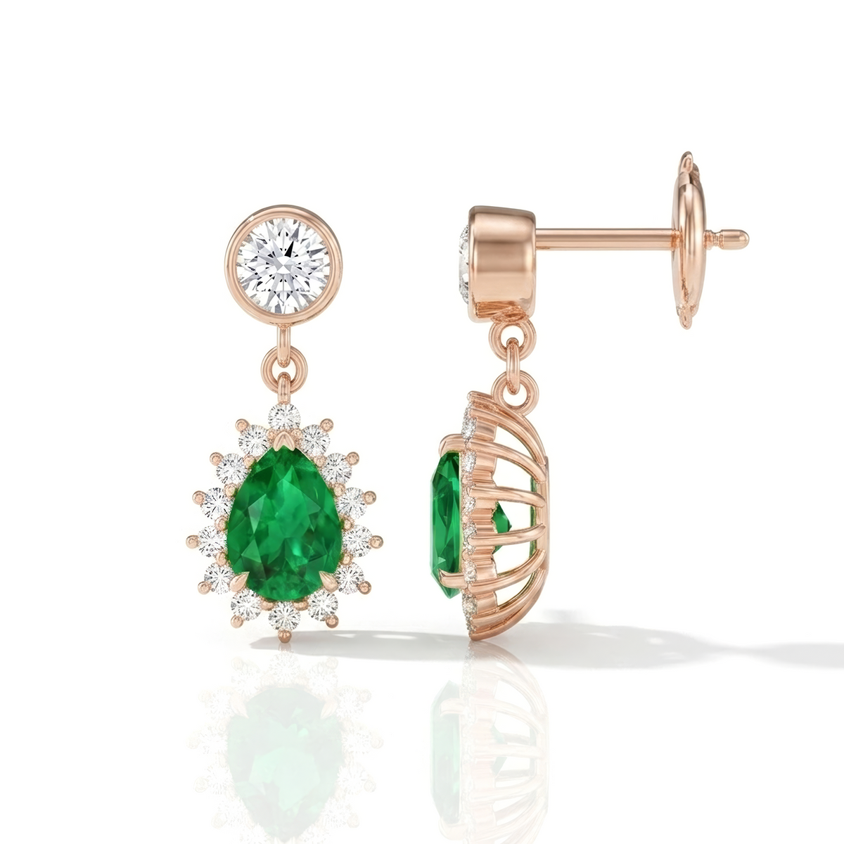 Emerald Oval Halo Drop Earrings