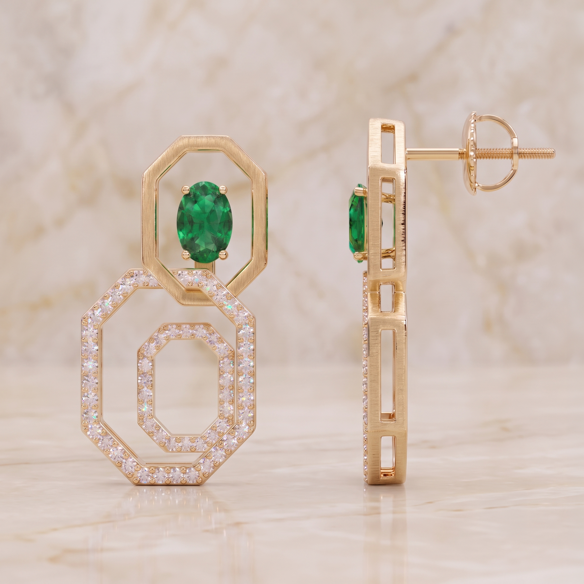 Emerald Octagon Halo Drop Earrings