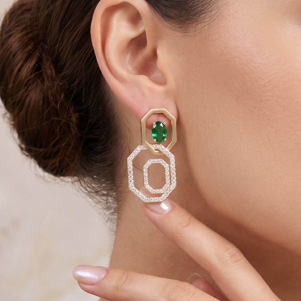 Emerald Octagon Halo Drop Earrings