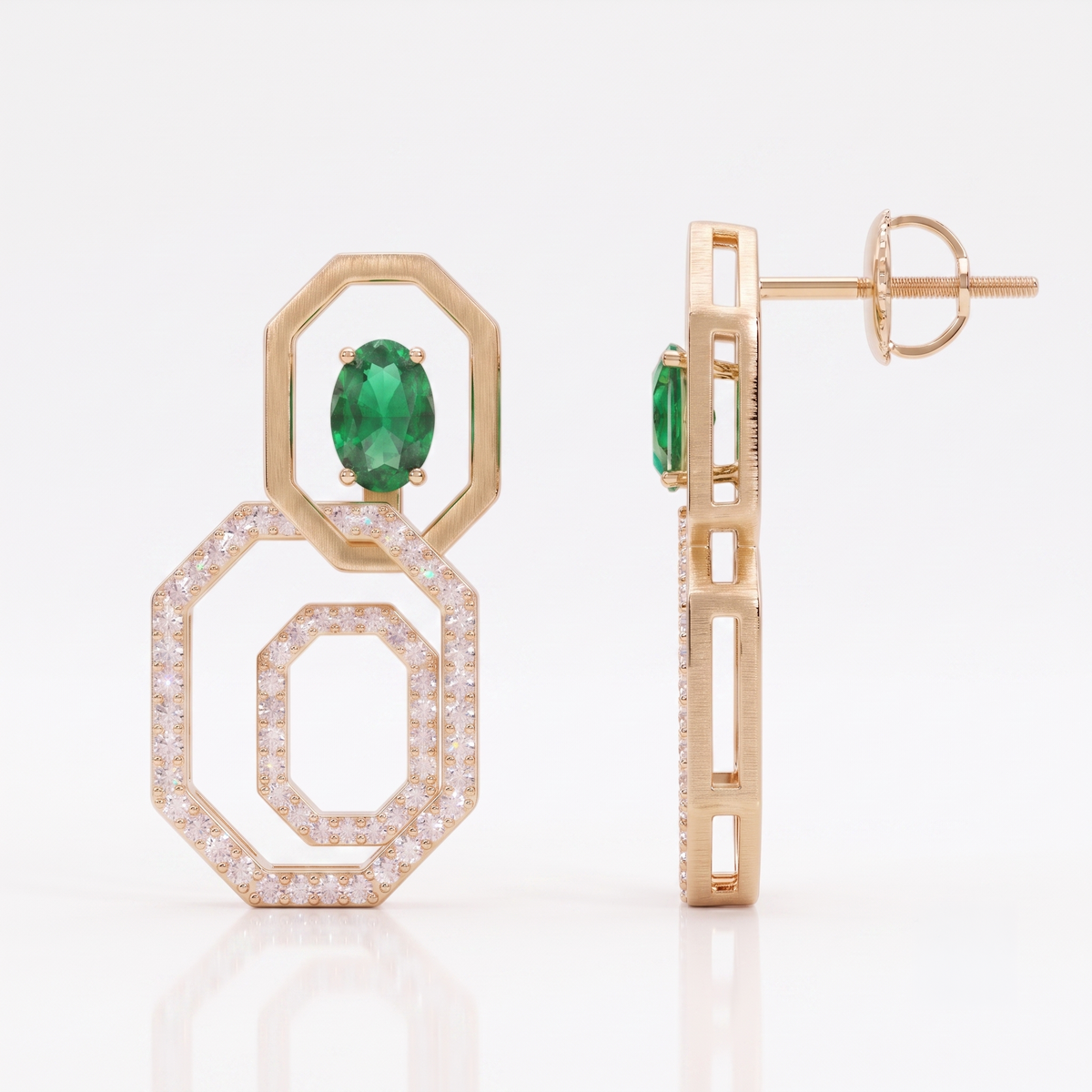Emerald Octagon Halo Drop Earrings