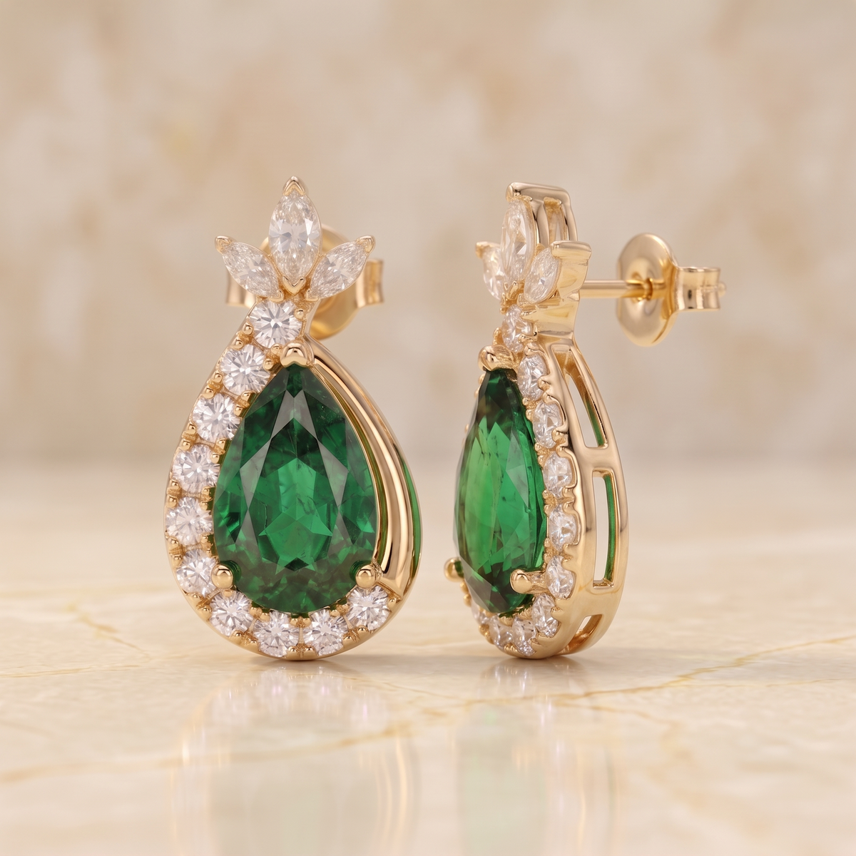 Emerald Pear Halo Starburst Earrings
