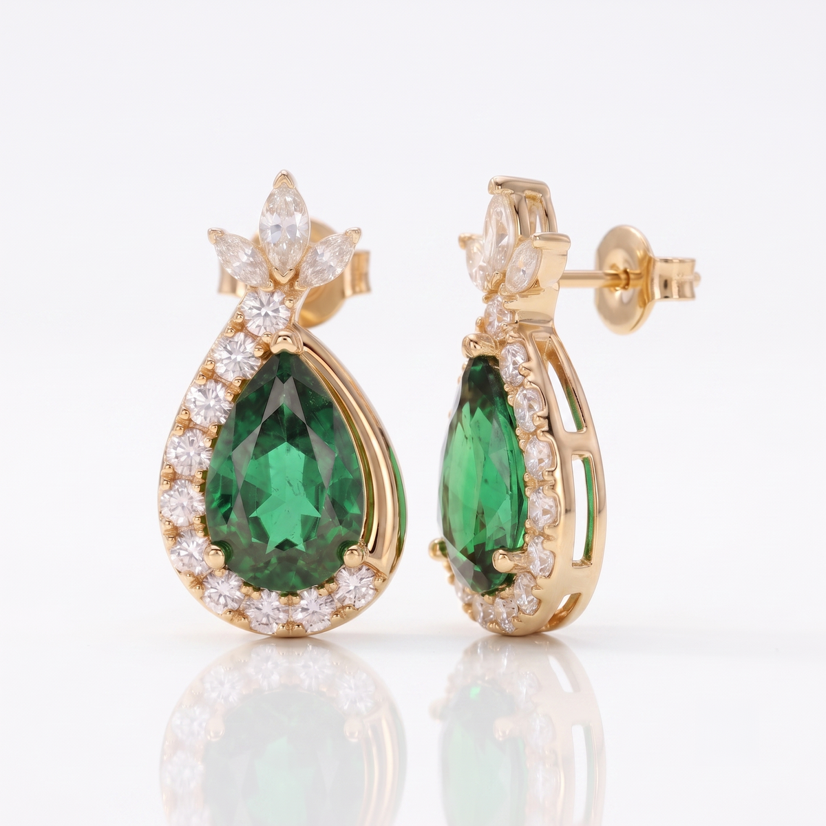 Emerald Pear Halo Starburst Earrings