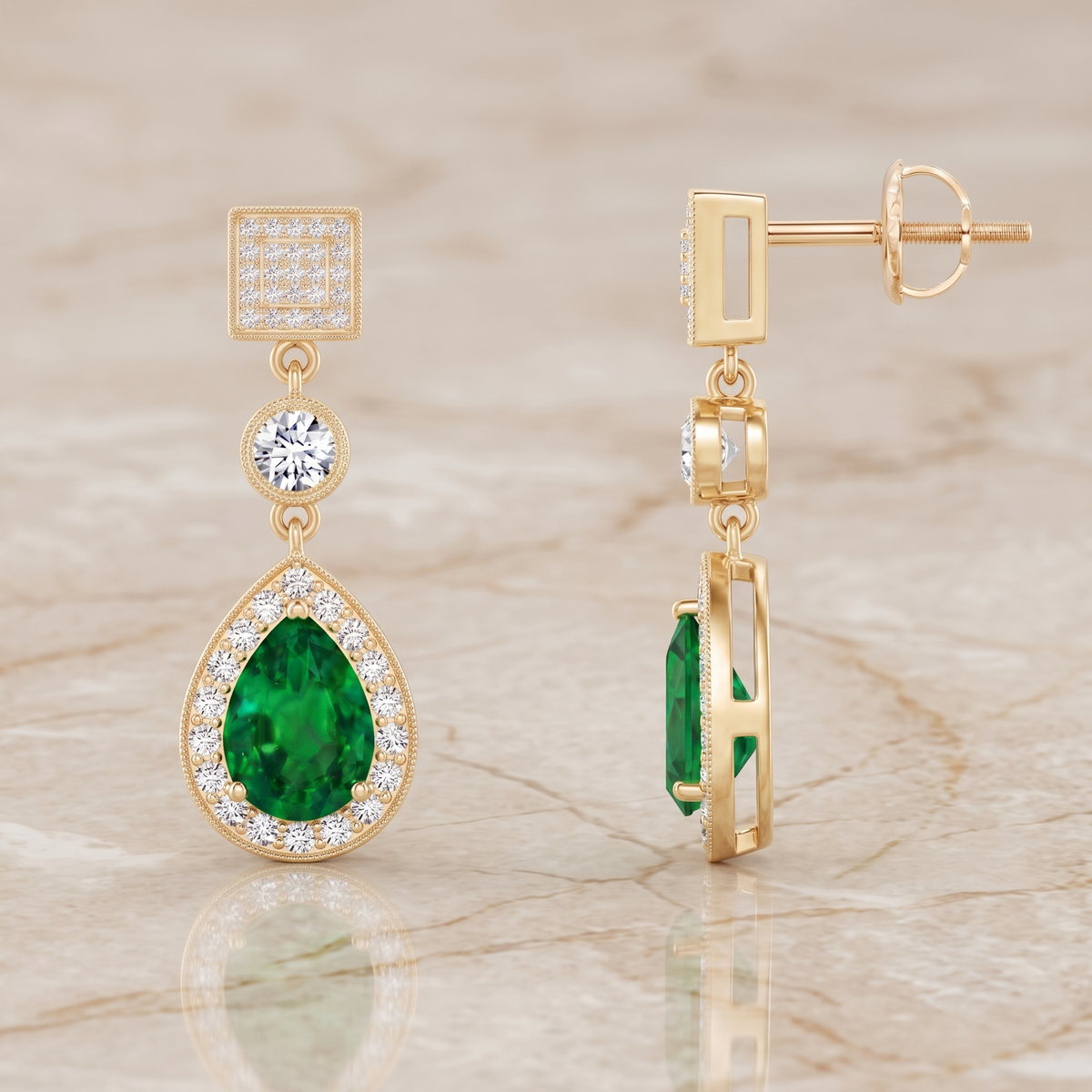 Emerald Pear Halo Drop Earrings
