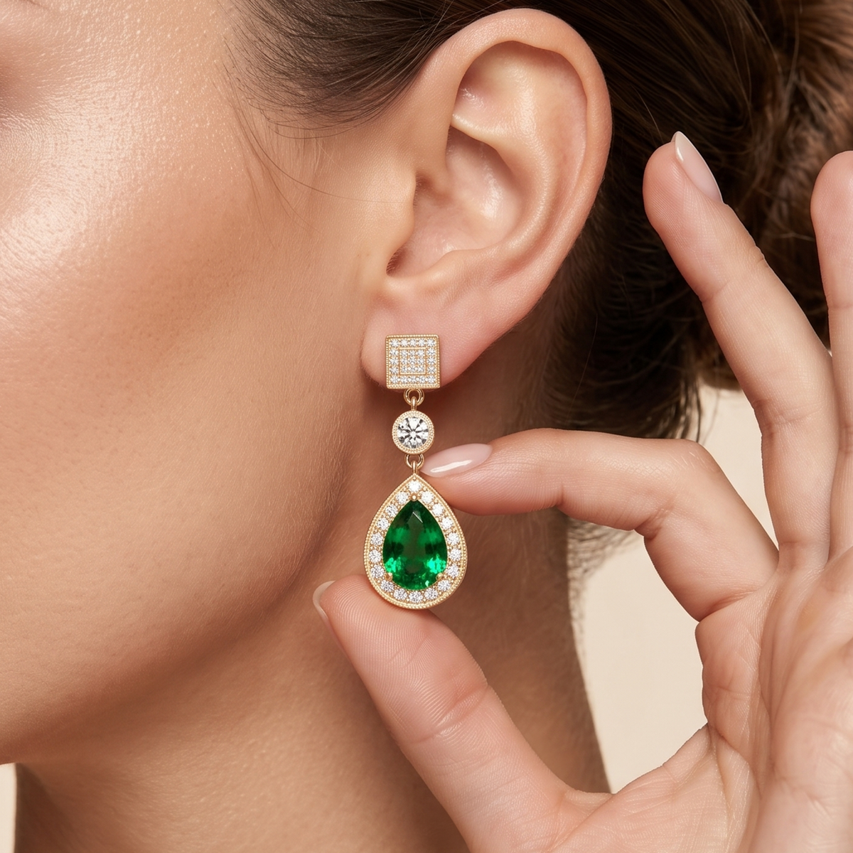 Emerald Pear Halo Drop Earrings