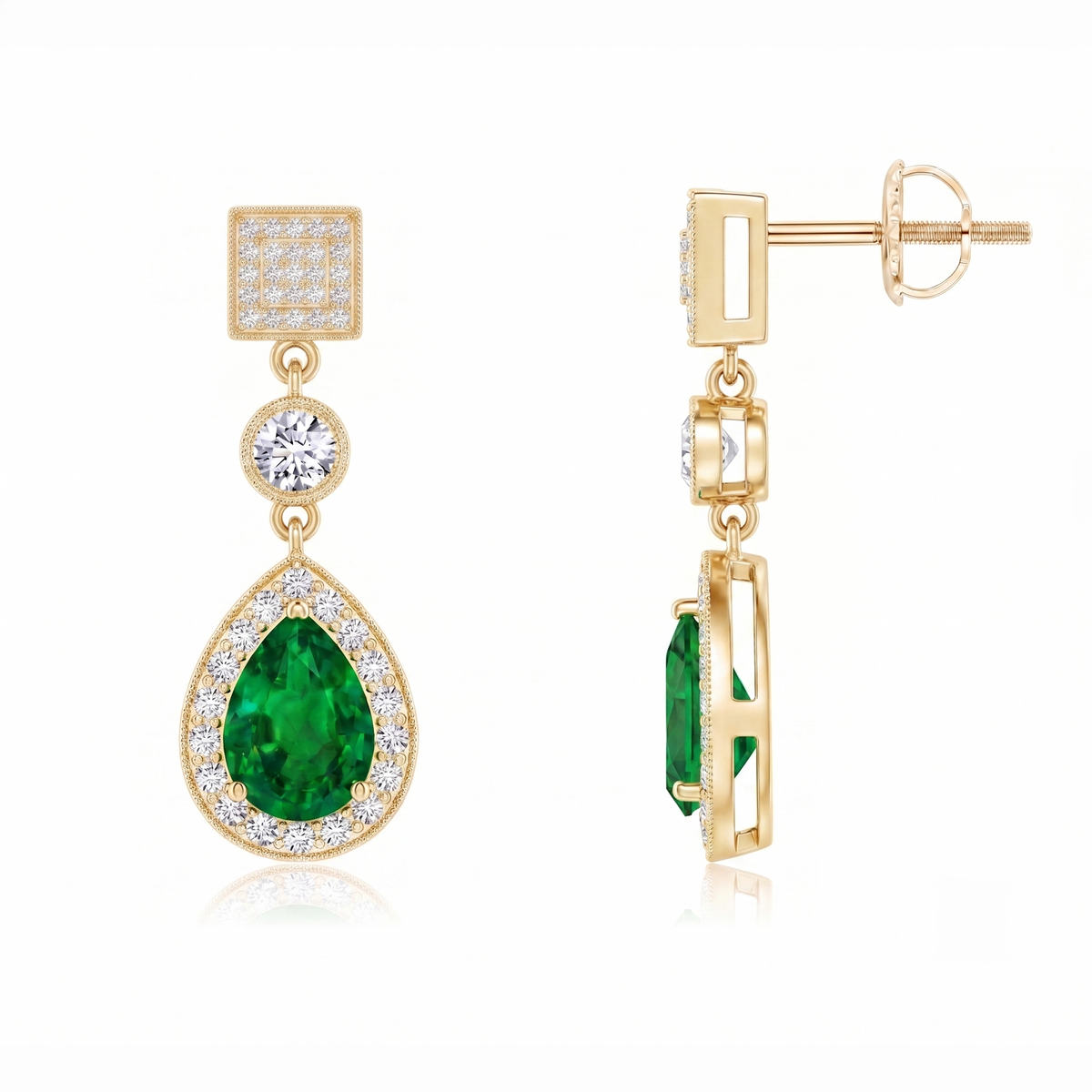 Emerald Pear Halo Drop Earrings