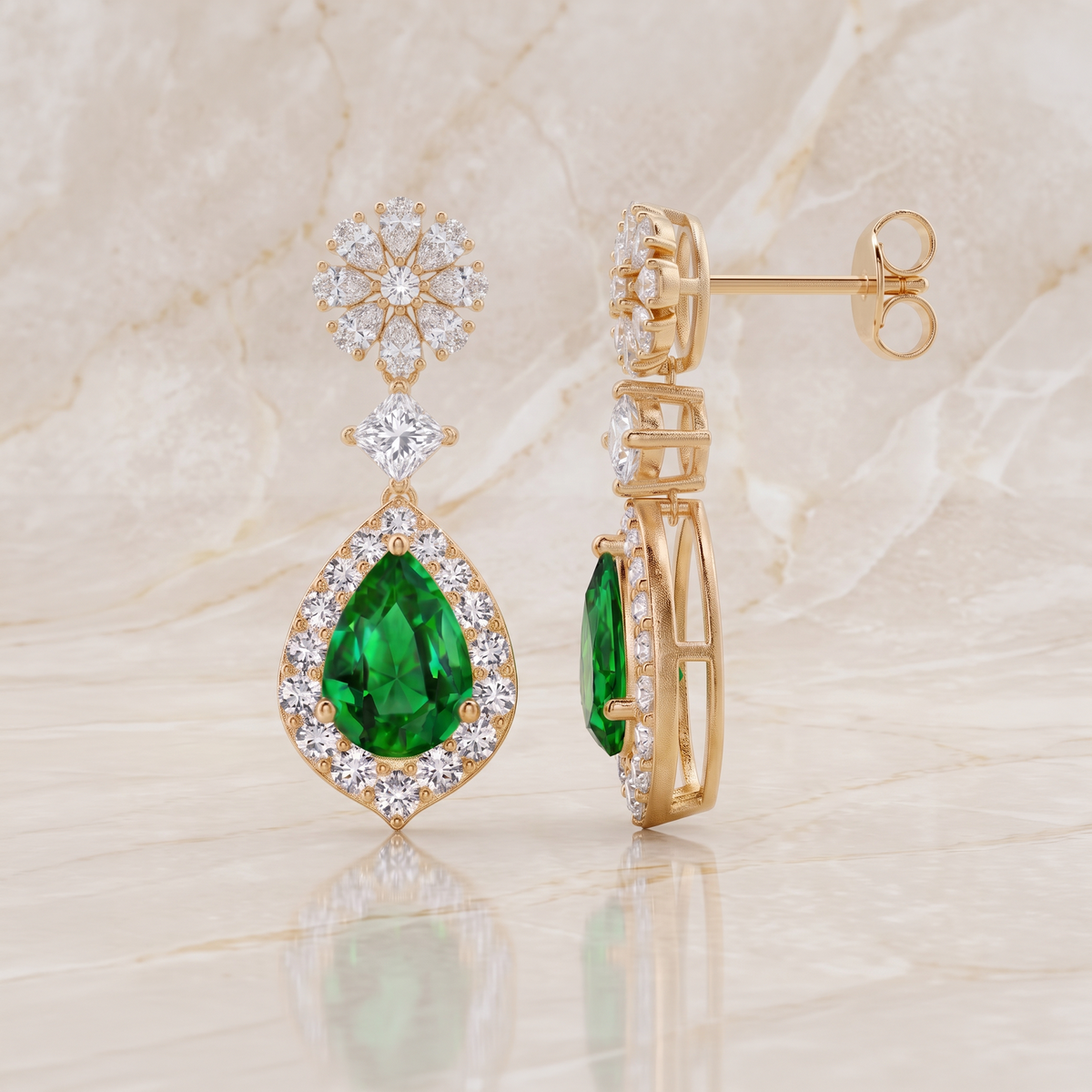 Emerald Pear Halo Cluster Drop Earrings