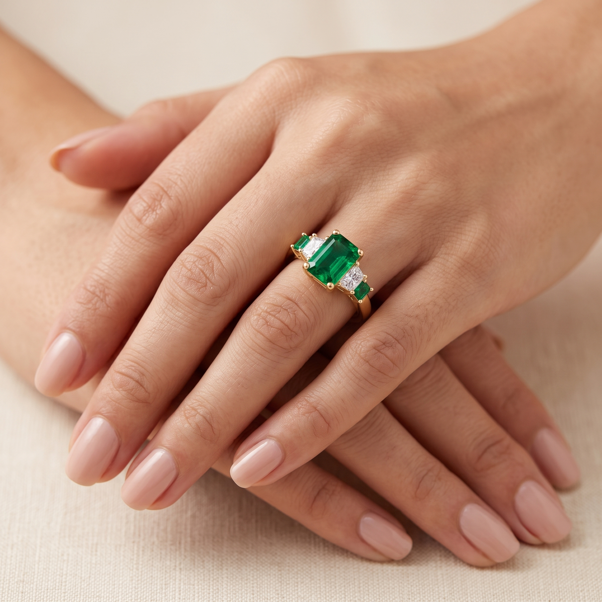 Emerald Royale Three-Stone Ring in Gold Finish