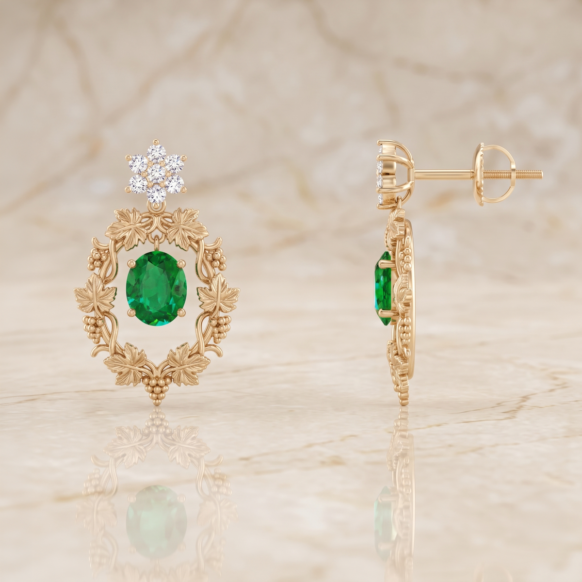 Emerald Sunburst Halo Drop Earrings