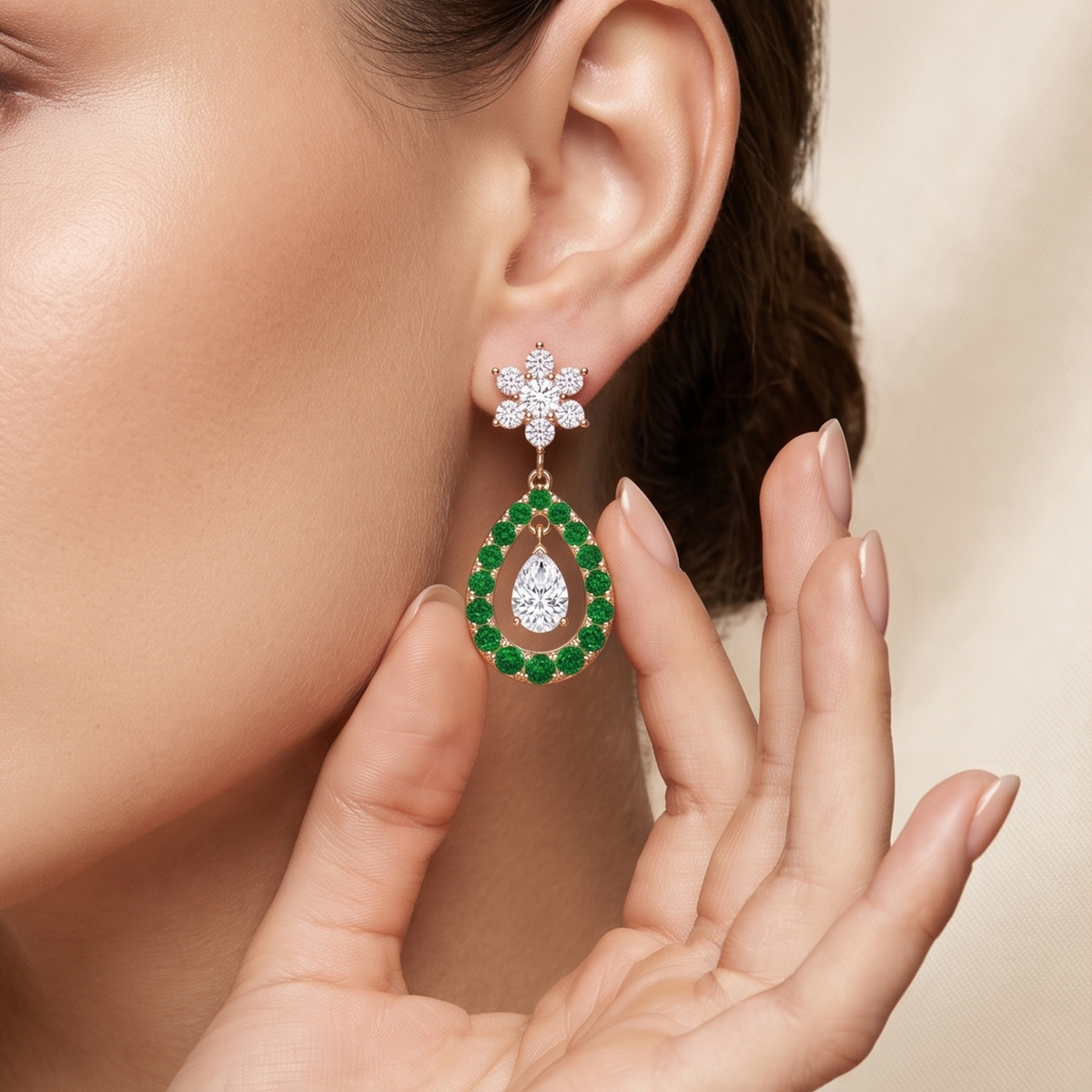 Emerald Teardrop Snowflake Drop Earrings