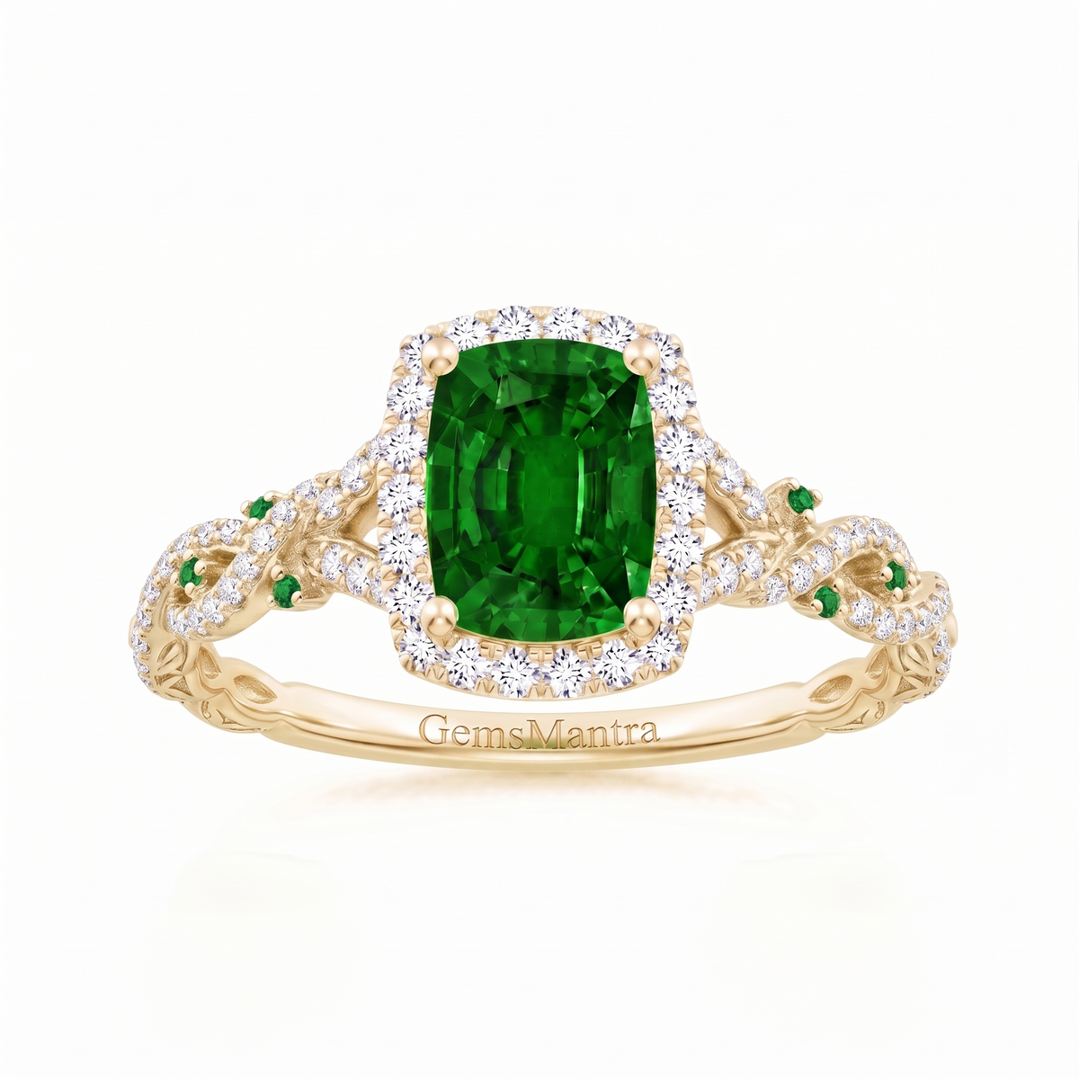 Regal Emerald Halo Ring in Gold Finish