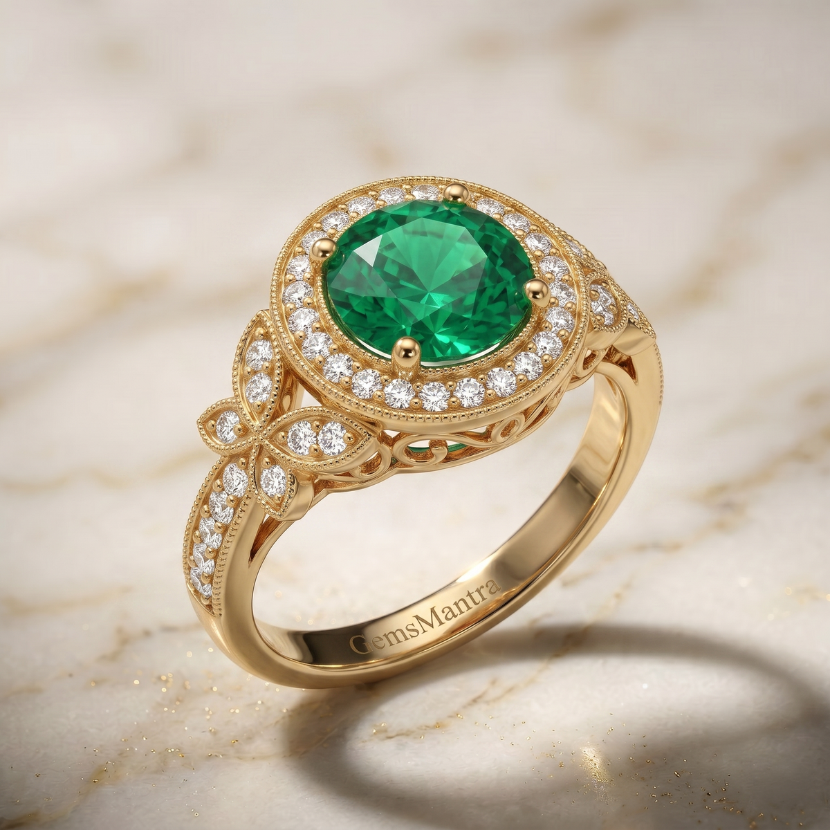 Royal Emerald Halo Ring in Gold Finish