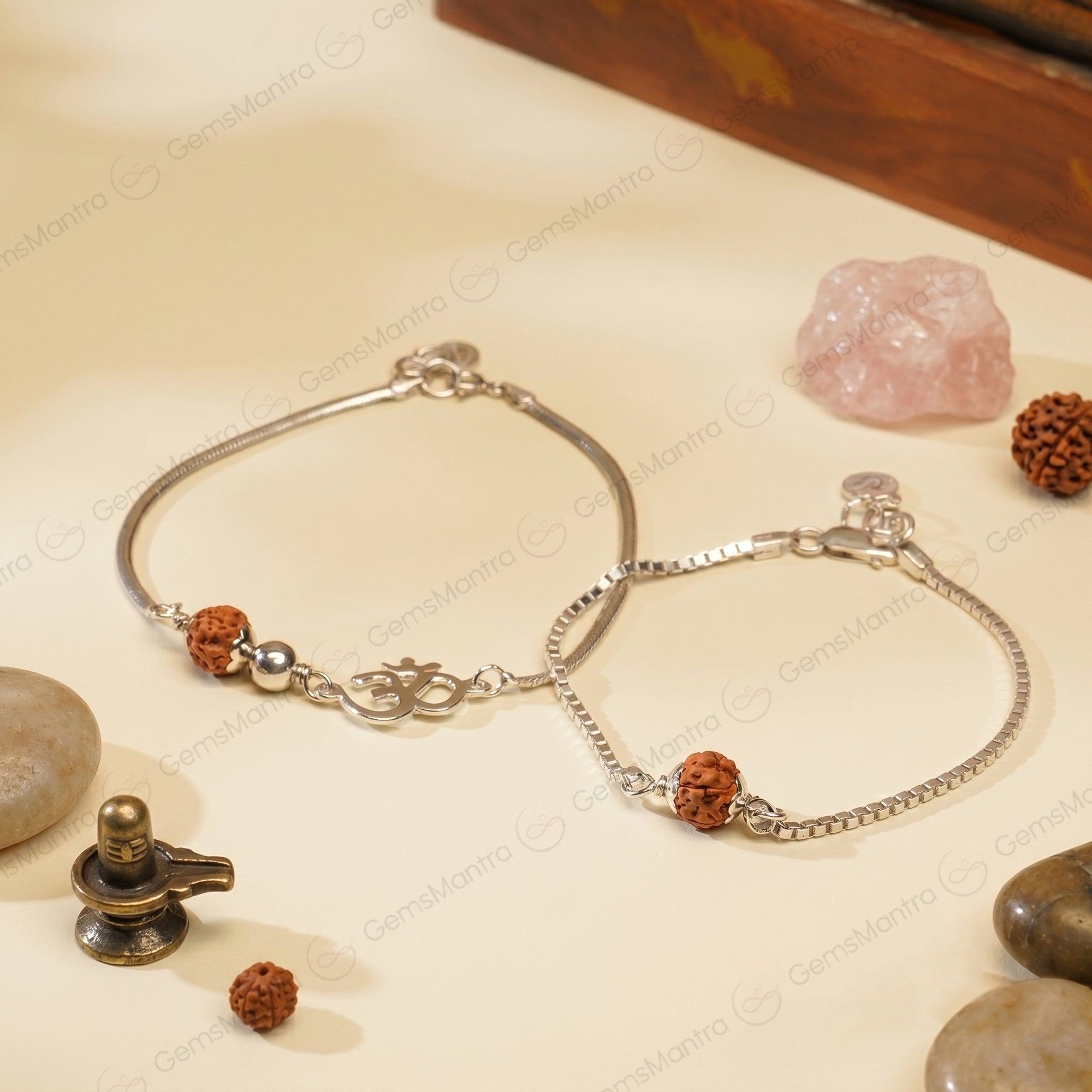 Sacred Bond 5 Mukhi Rudraksha Silver Couple Bracelets