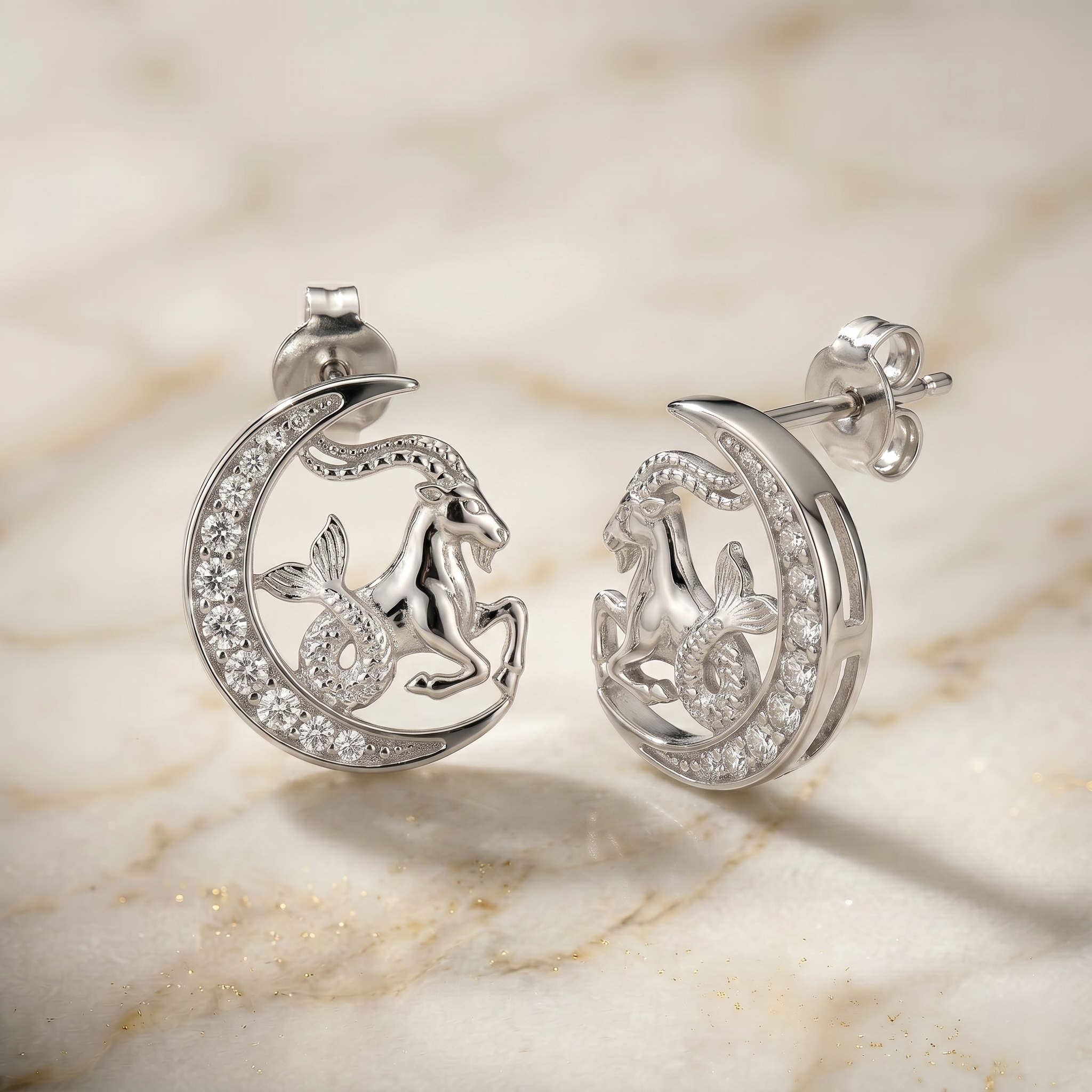 Celestial Crescent Moon and Capricorn Zodiac Diamond  Finish Moissanite Stud Earrings in 925 Silver