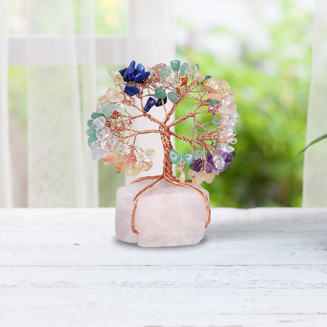 Multi Stone With Raw Rose Quartz Tree