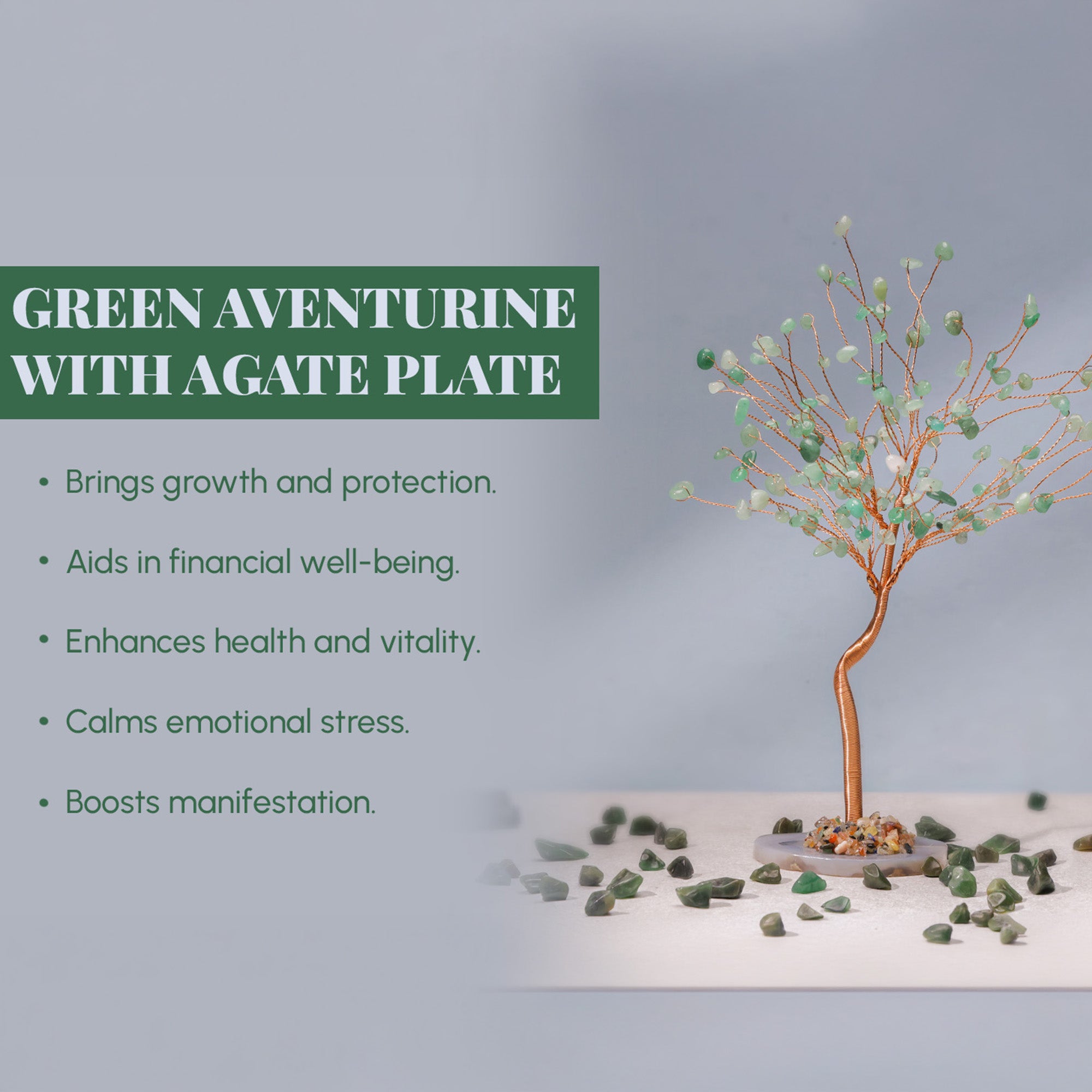 Green Aventurine Crystal Tree with Agate Plate – Large, for Vastu