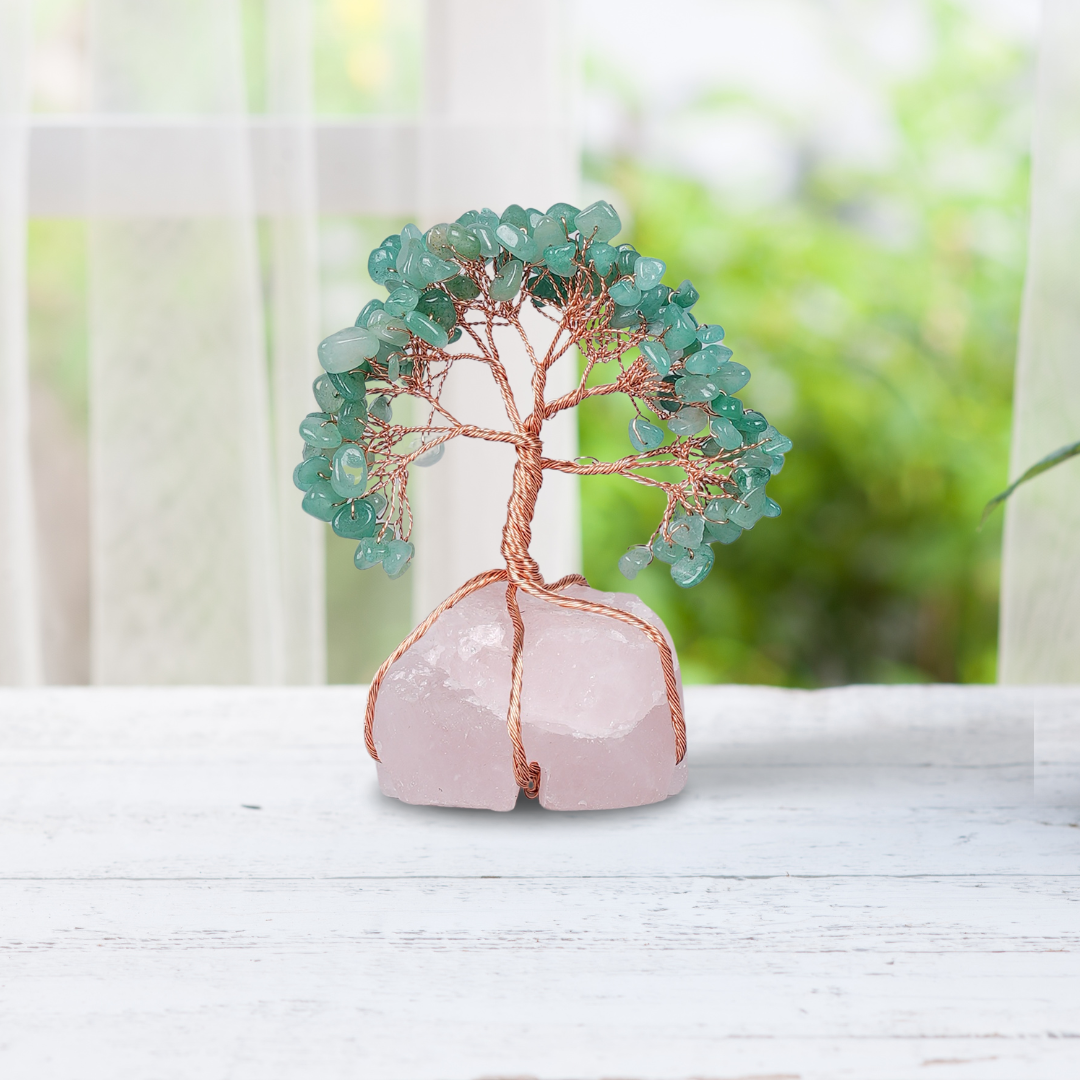 Green Aventurine With Raw Rose Quartz Tree - Gemsmantra