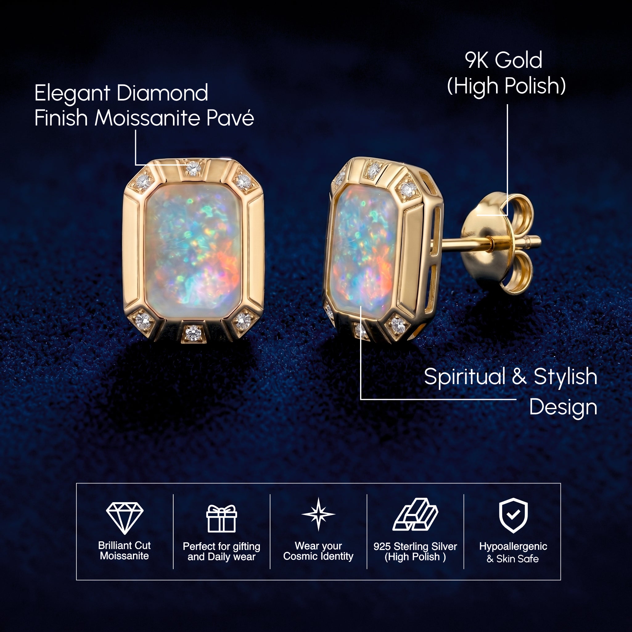 Emerald-Cut Opal Stud Earrings with Diamond Halo