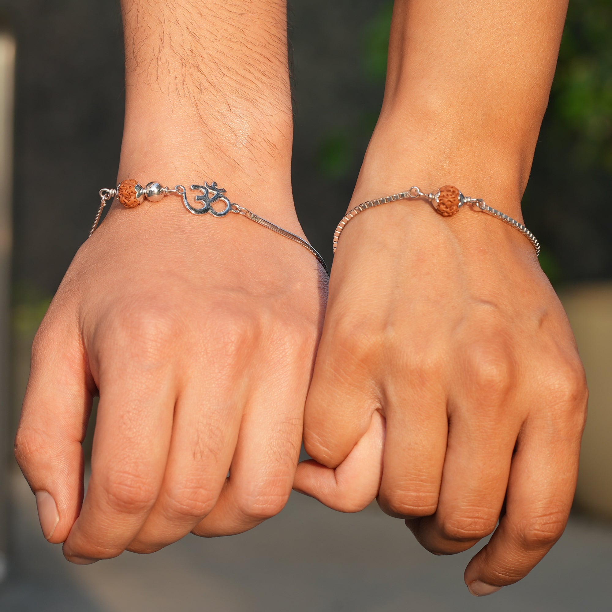 Sacred Bond 5 Mukhi Rudraksha Silver Couple Bracelets
