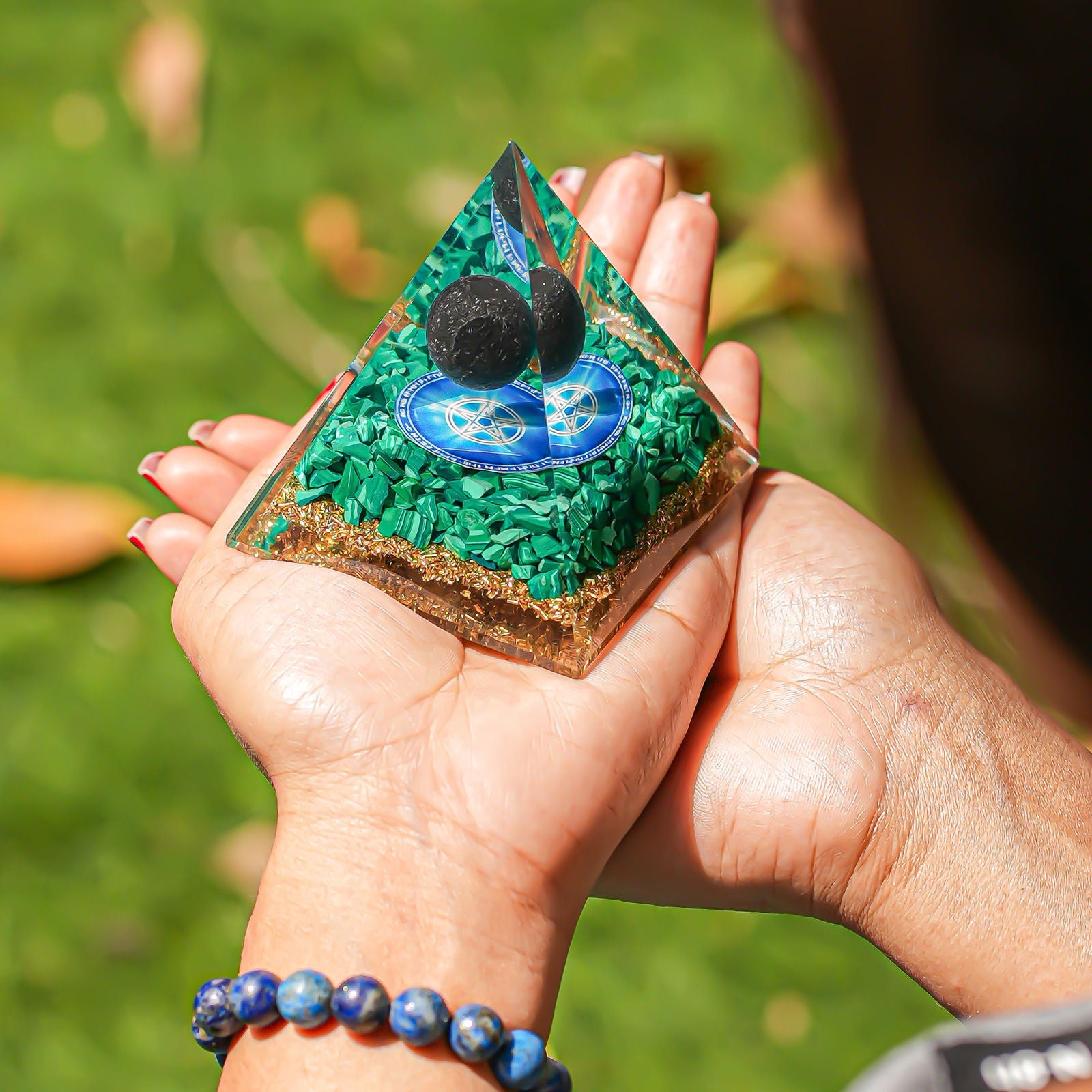 Malachite With Black Ball Pyramid - Gemsmantra