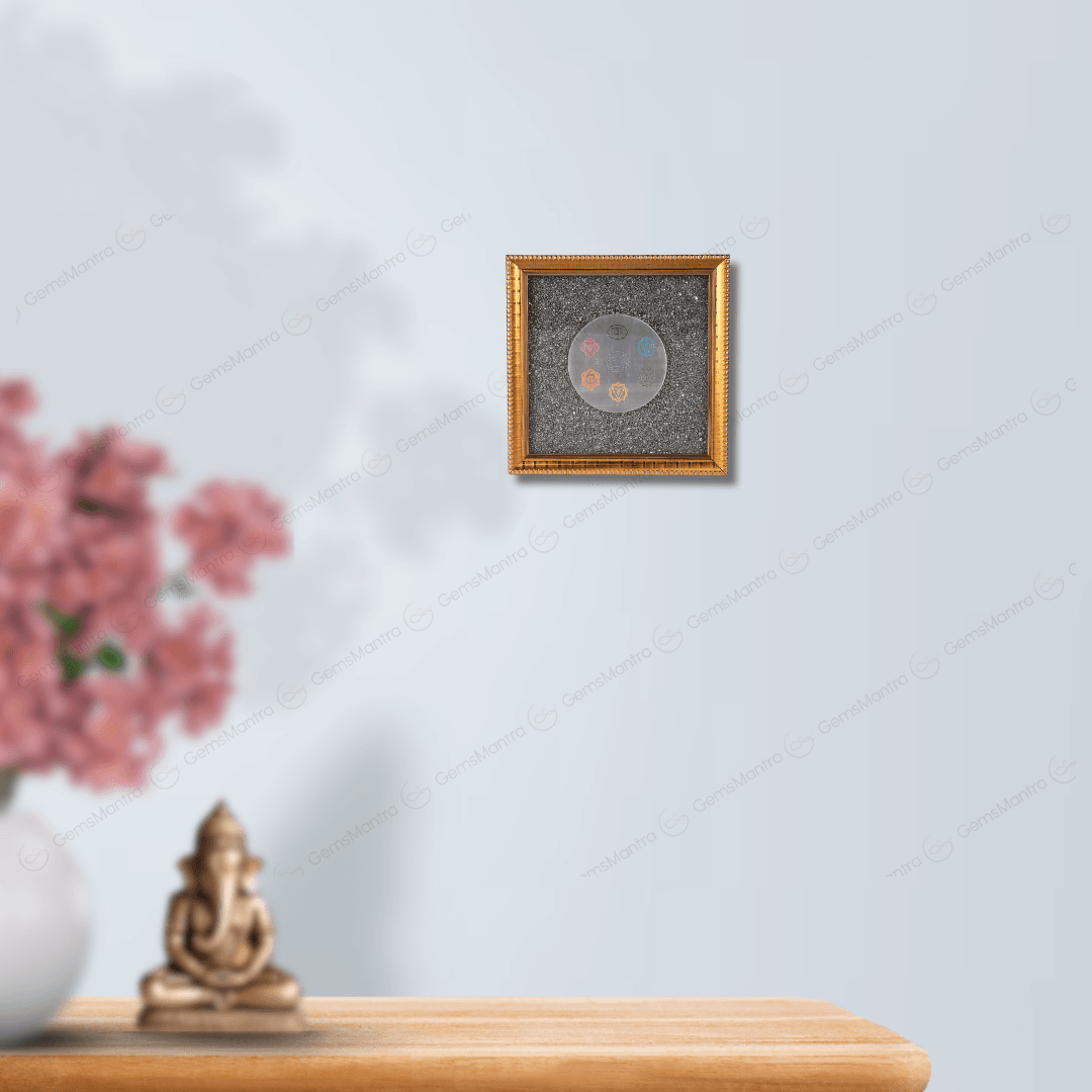 Pyrite Dust Frame With 7 Chakra Symbol Carved Selenite Plate - Gemsmantra