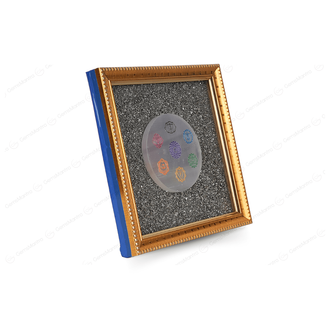 Pyrite Dust Frame With 7 Chakra Symbol Carved Selenite Plate - Gemsmantra