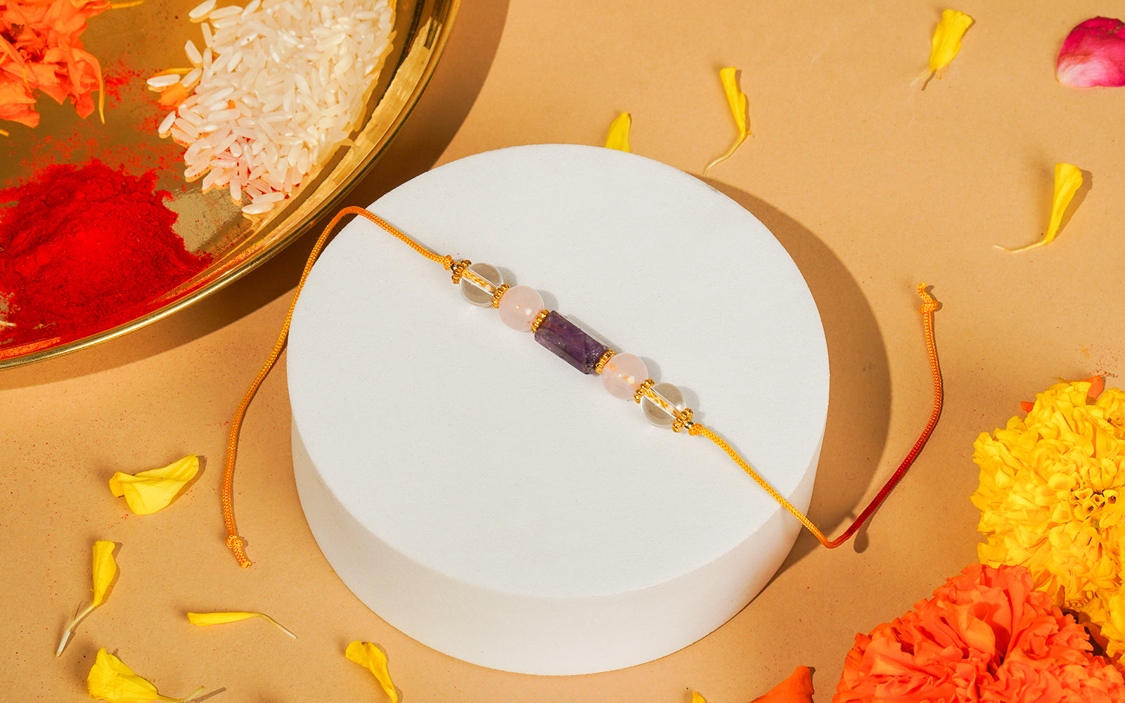 Triple Crystal Healing Rakhi – Amethyst, Rose Quartz & Clear Quartz Bead For Inner Peace & Love