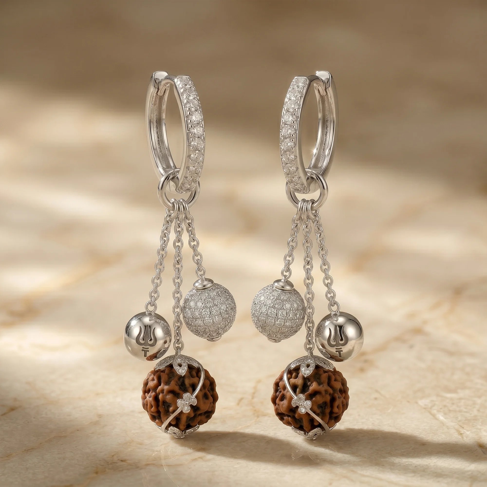 Rudraksha Hoop Earrings (Trishul charm)