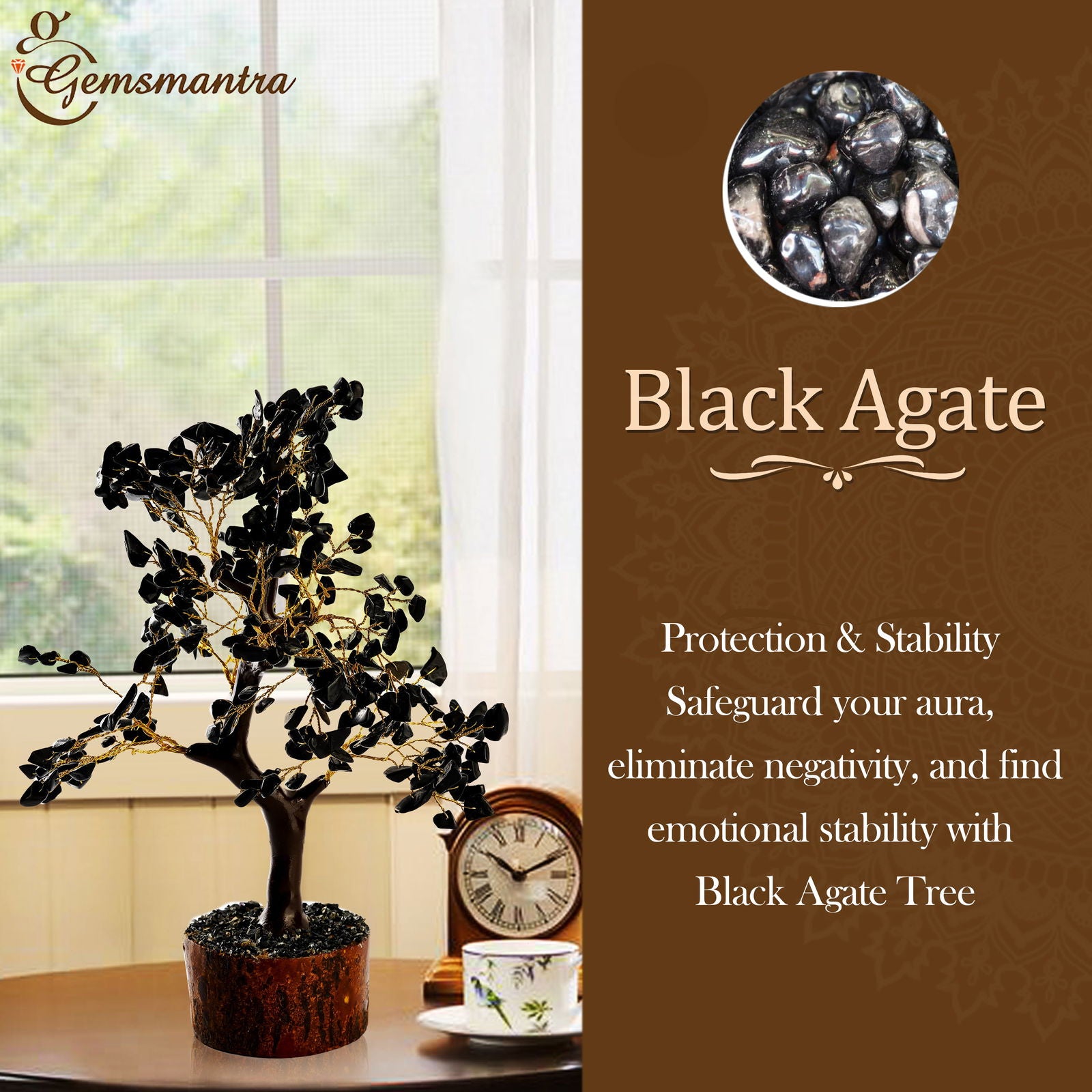 Wooden Black Agate Crystal Tree - Gemsmantra