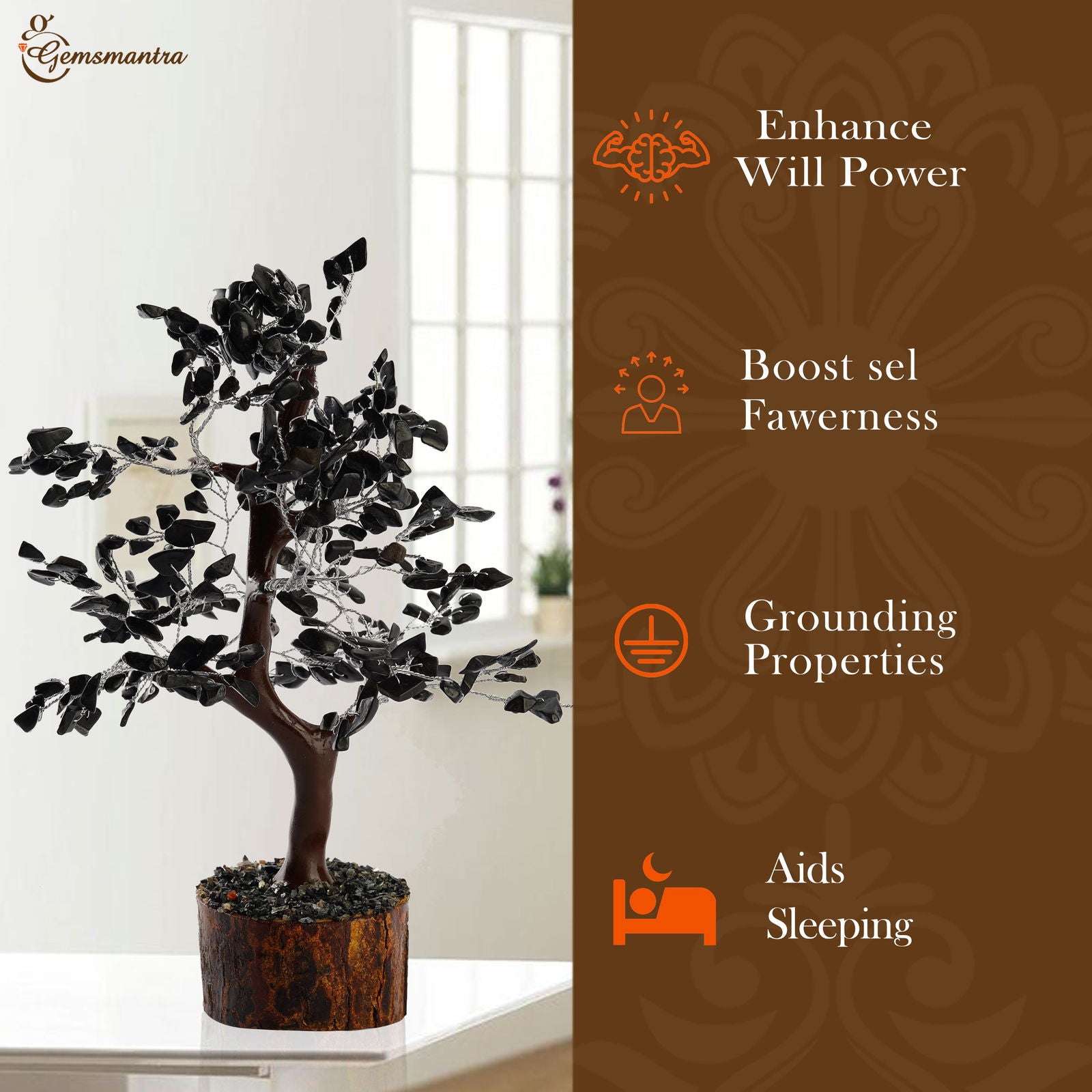 Wooden Black Agate Crystal Tree - Gemsmantra