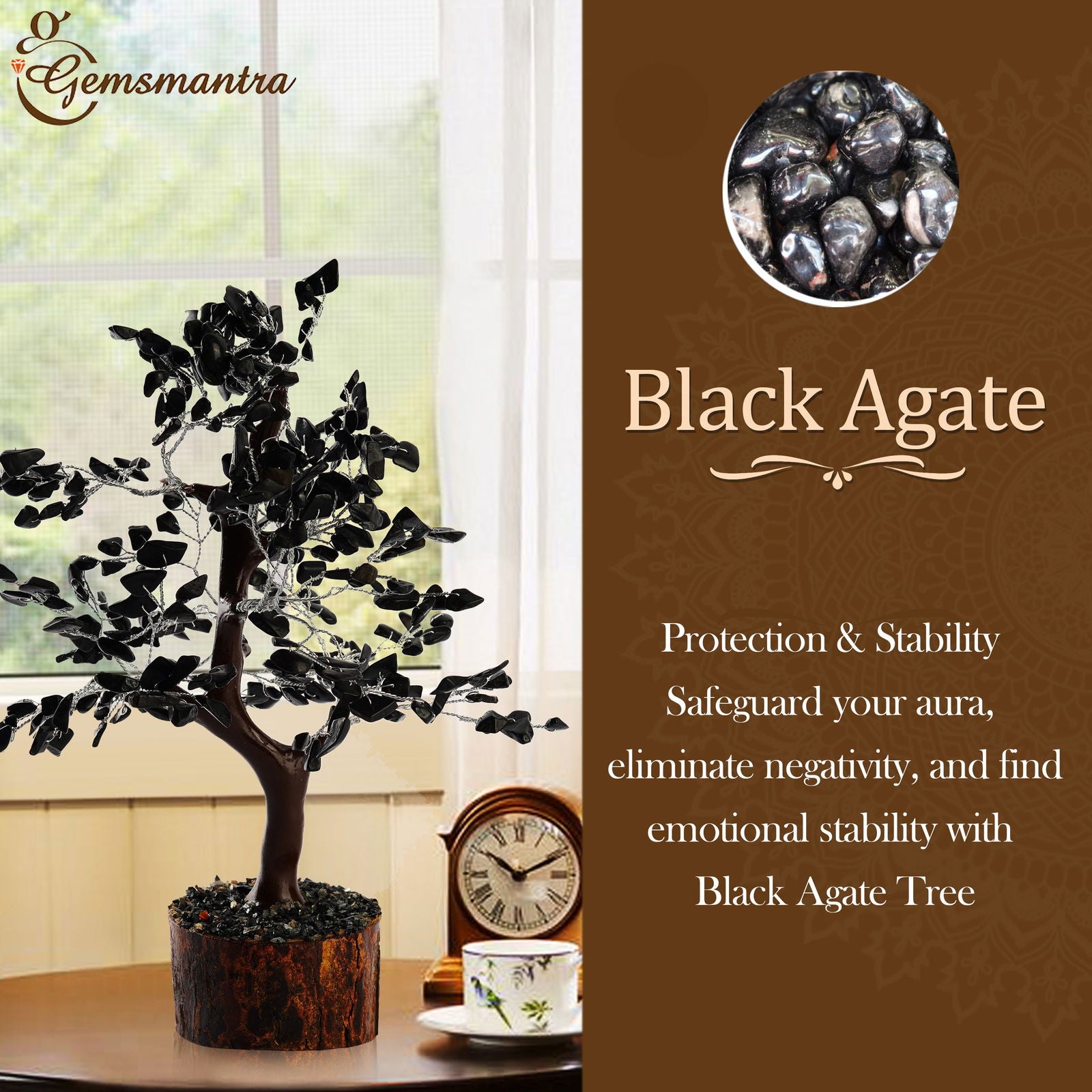 Wooden Black Agate Crystal Tree - Gemsmantra