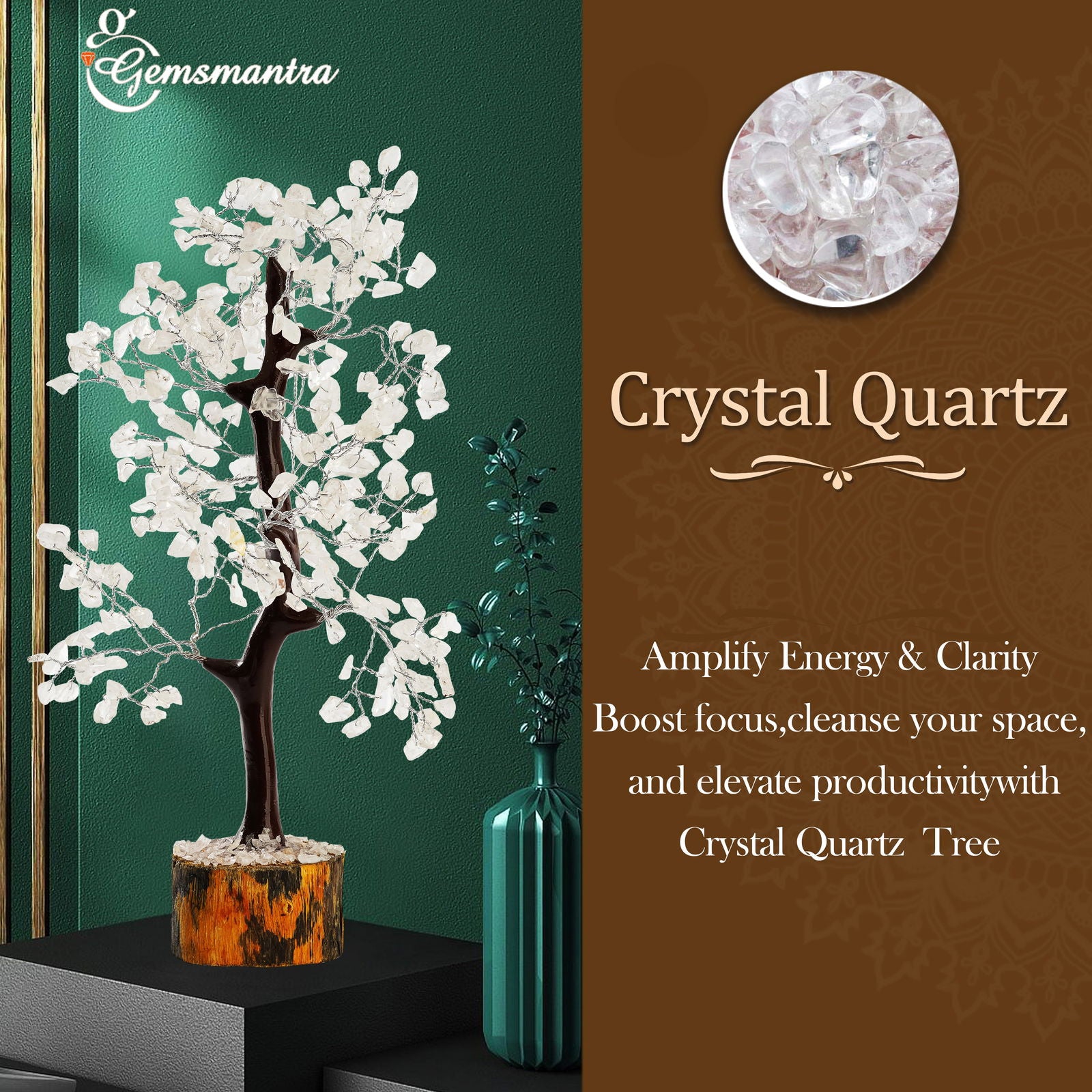 Wooden Crystal Quartz Tree - Gemsmantra