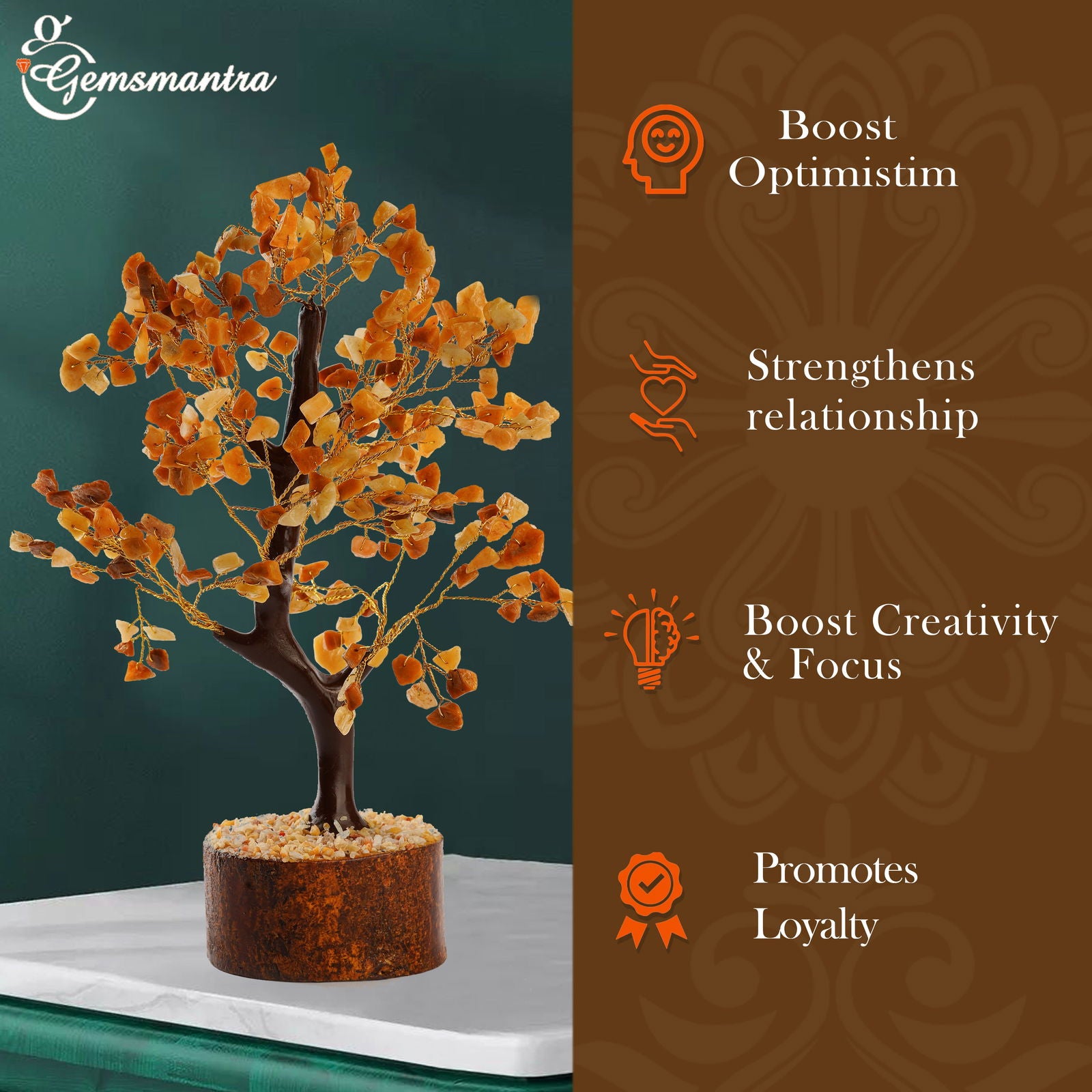 Wooden Golden Quartz Crystal Tree - Gemsmantra