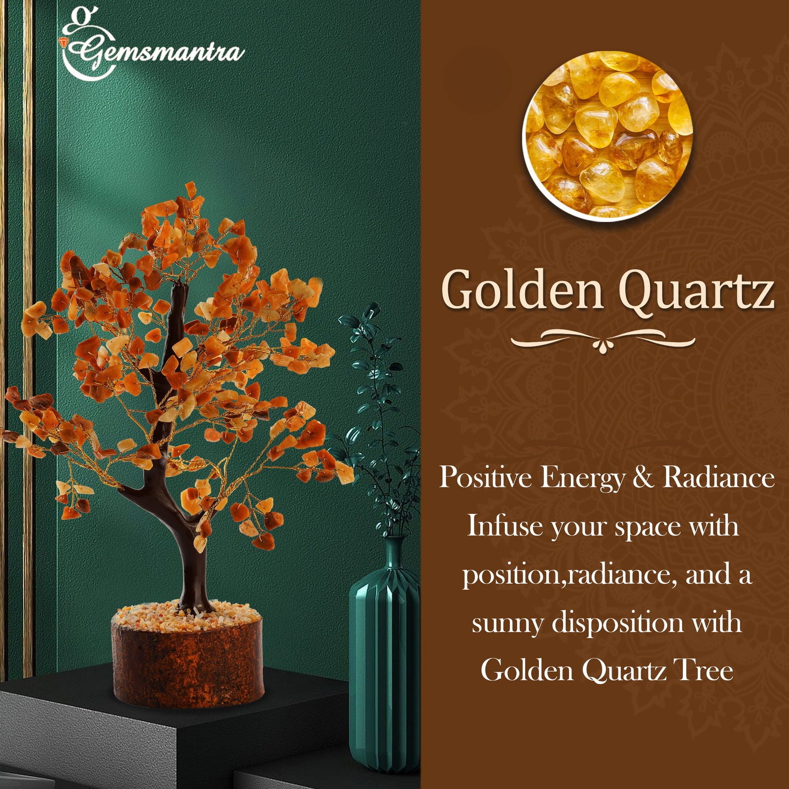 Wooden Golden Quartz Crystal Tree - Gemsmantra