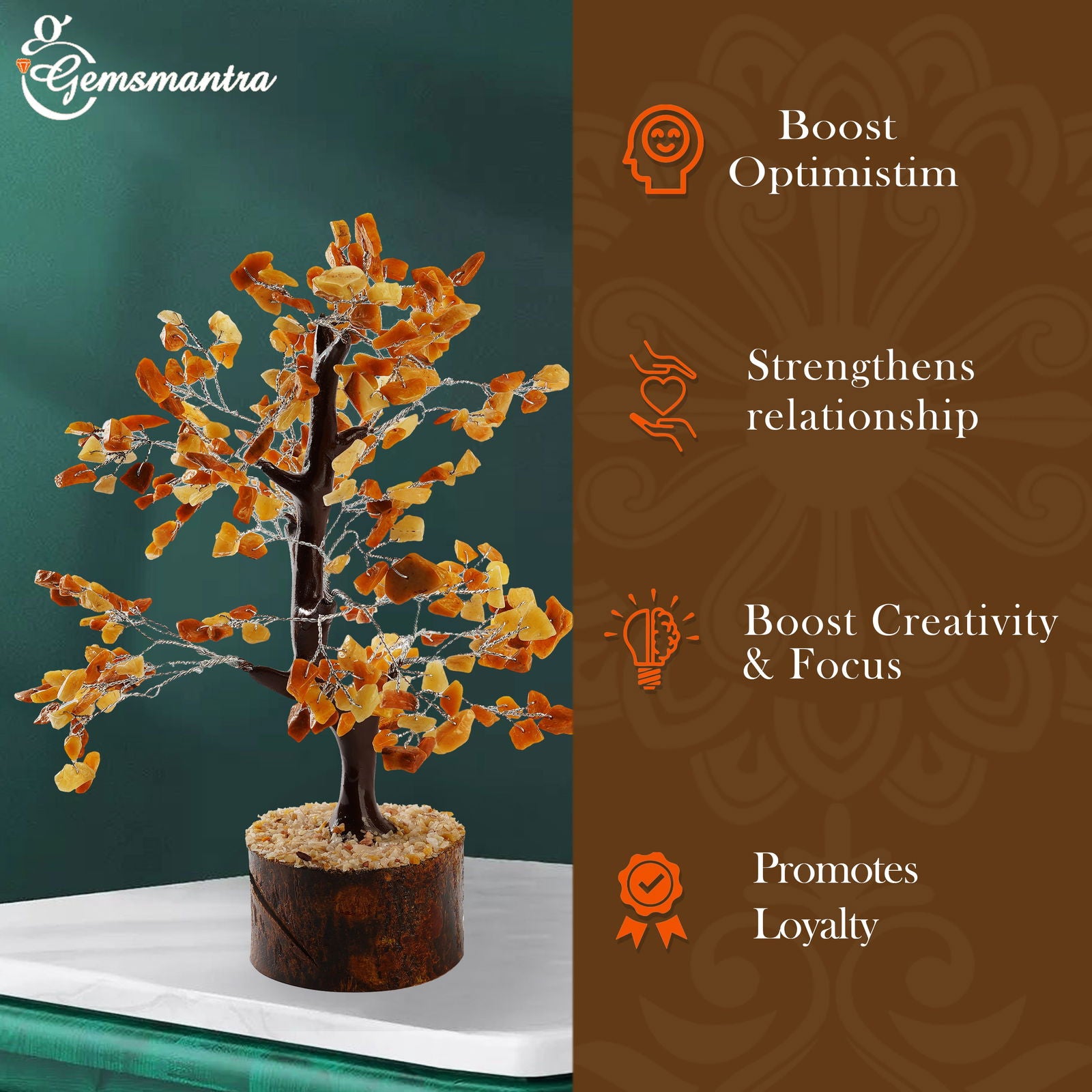 Wooden Golden Quartz Crystal Tree - Gemsmantra