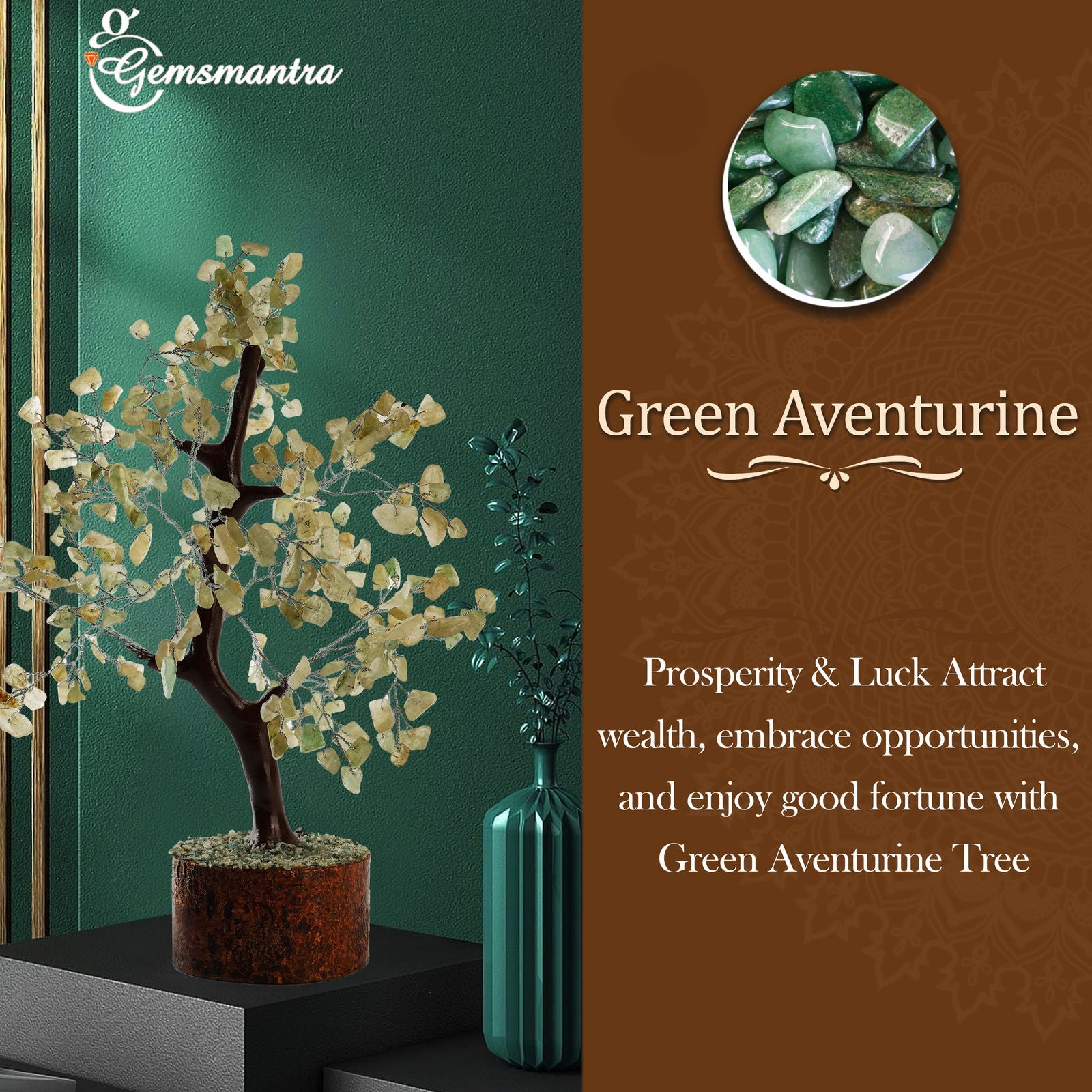 Wooden Green Aventurine Crystal Tree - Gemsmantra