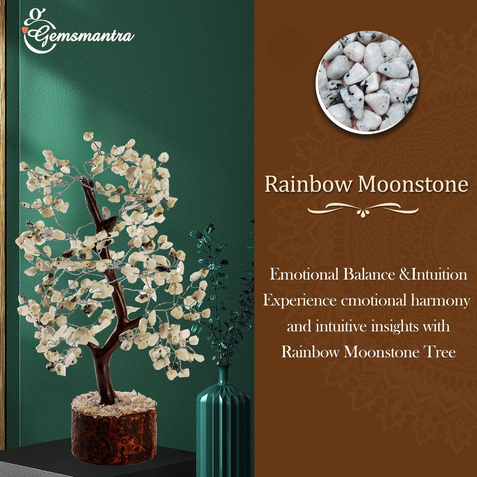 Wooden Rainbow Moonstone Crystal Tree - Gemsmantra