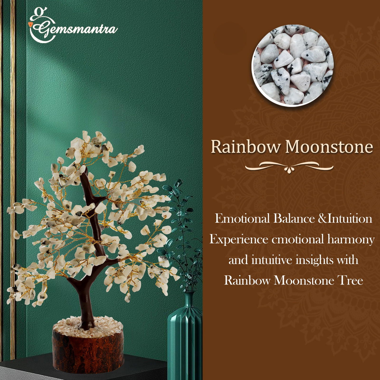 Wooden Rainbow Moonstone Crystal Tree - Gemsmantra