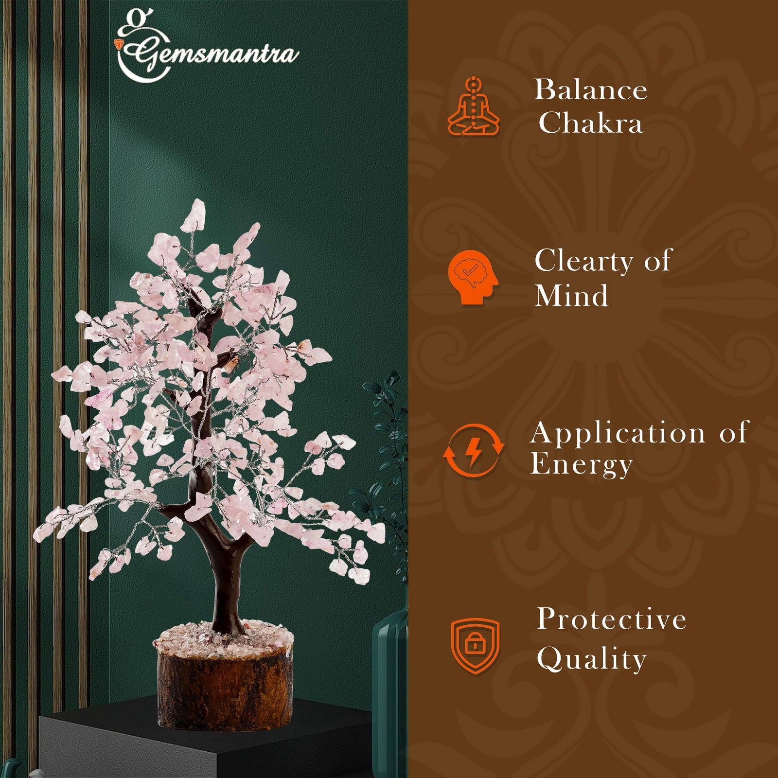 Wooden Rose Quartz Crystal Tree - Gemsmantra