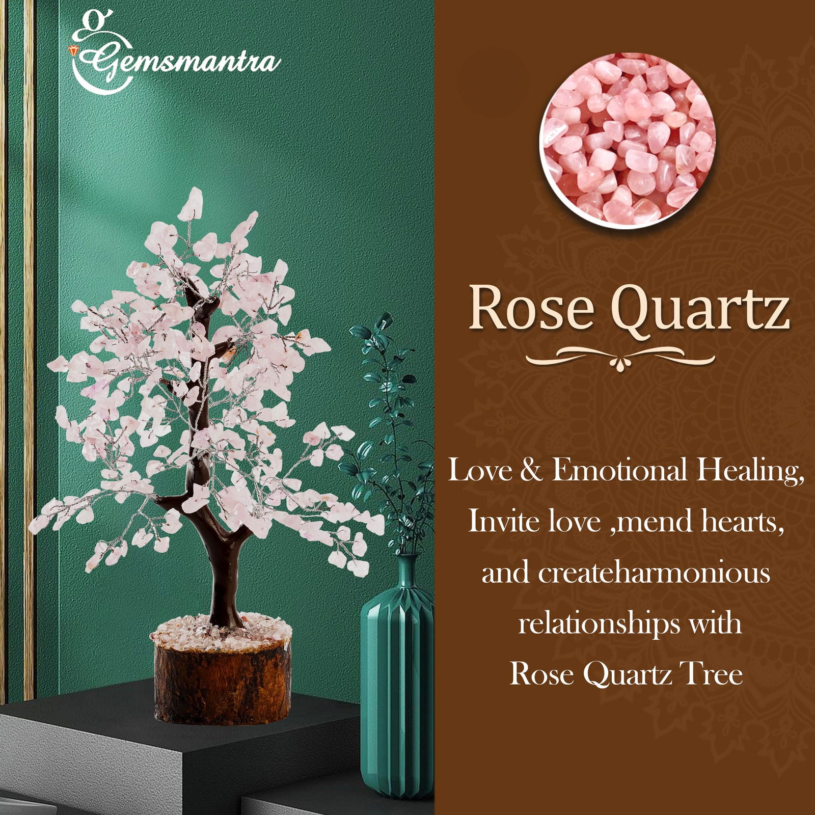 Wooden Rose Quartz Crystal Tree - Gemsmantra