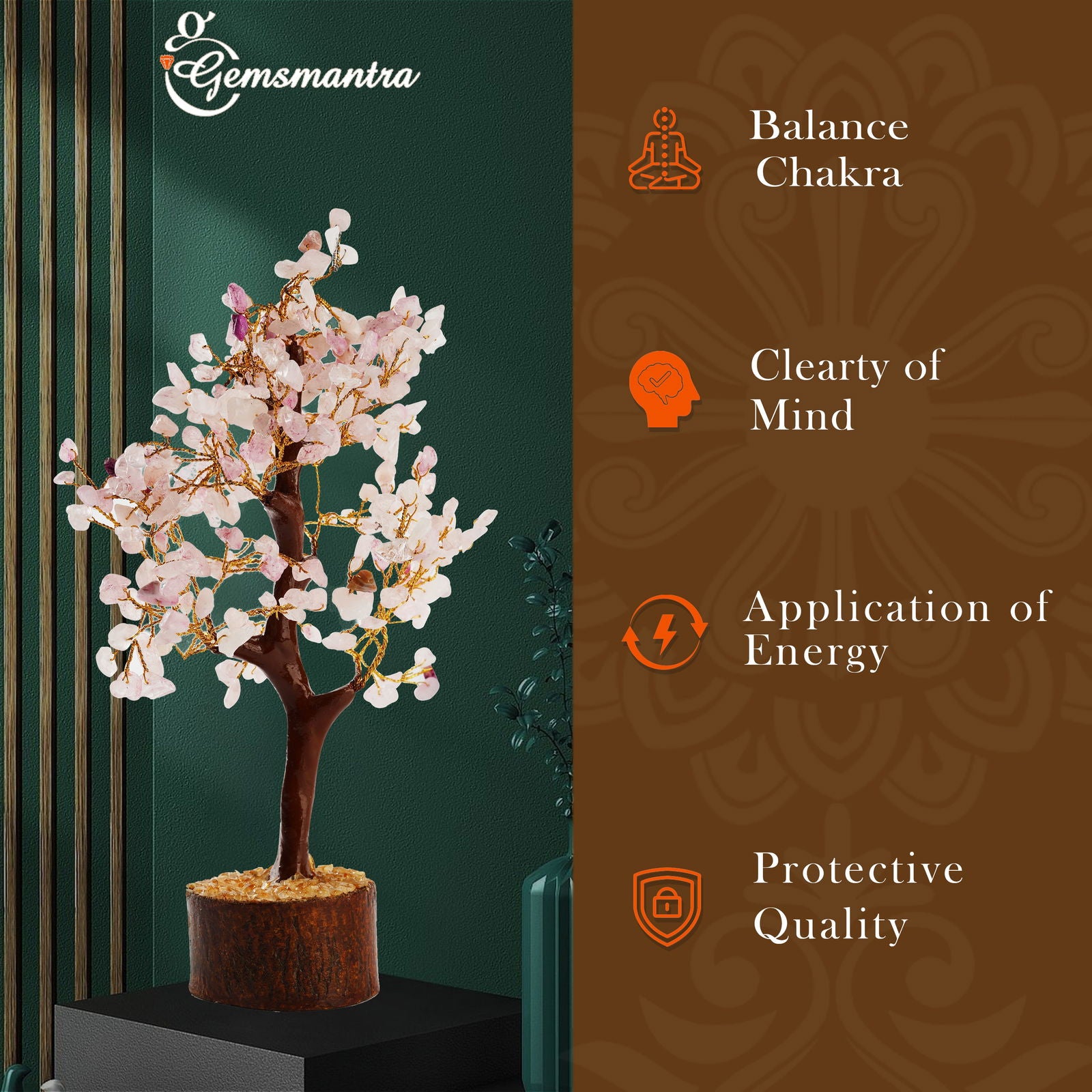 Wooden Rose Quartz Crystal Tree - Gemsmantra