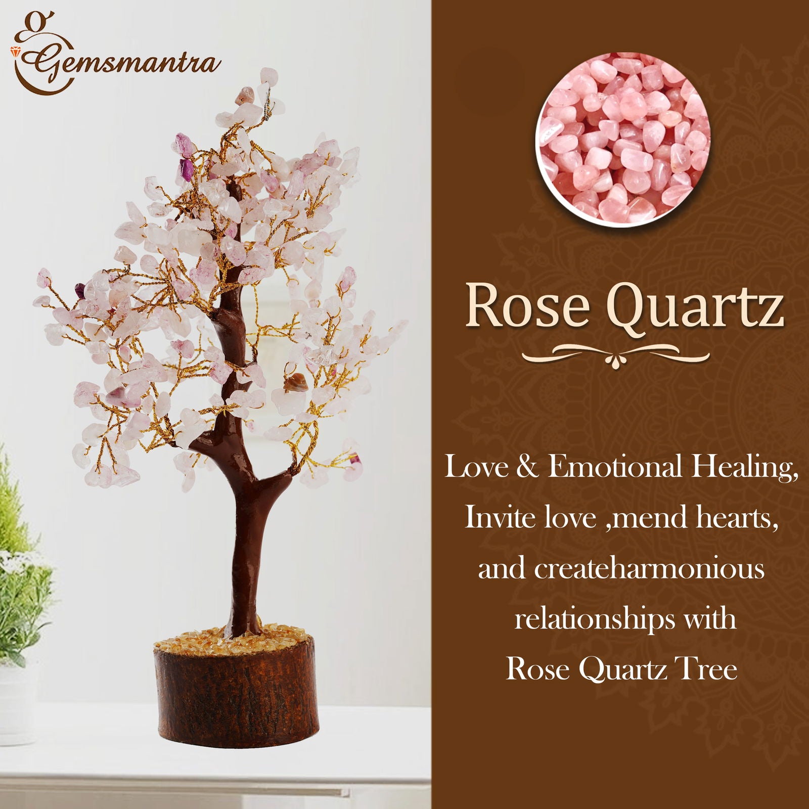 Wooden Rose Quartz Crystal Tree - Gemsmantra