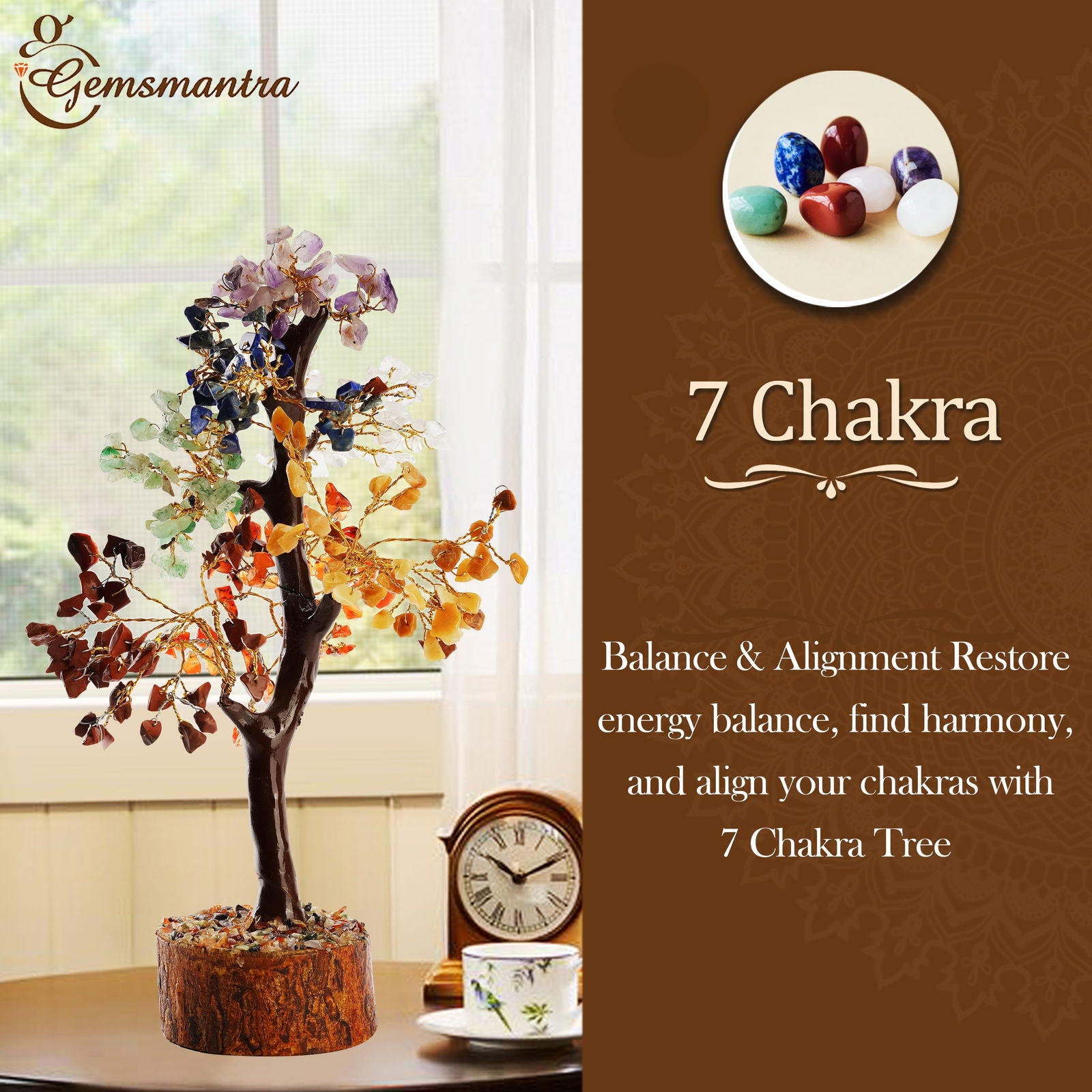 Wooden Seven Chakra Crystal Tree - Gemsmantra